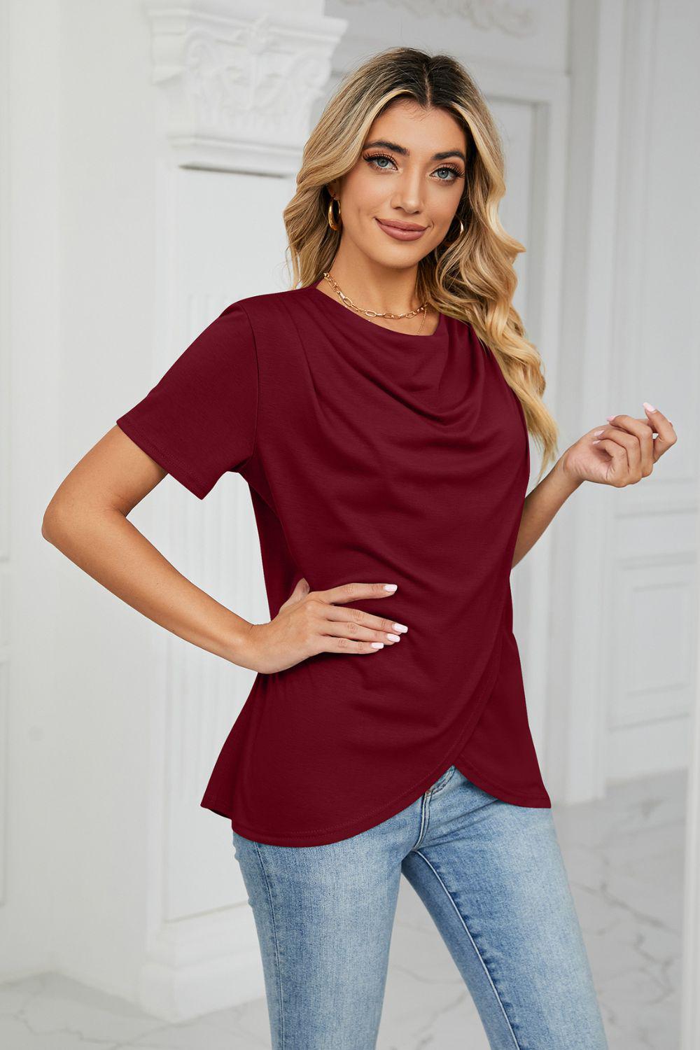 Cowl Neck Tulip Hem Tee Shirt BLUE ZONE PLANET