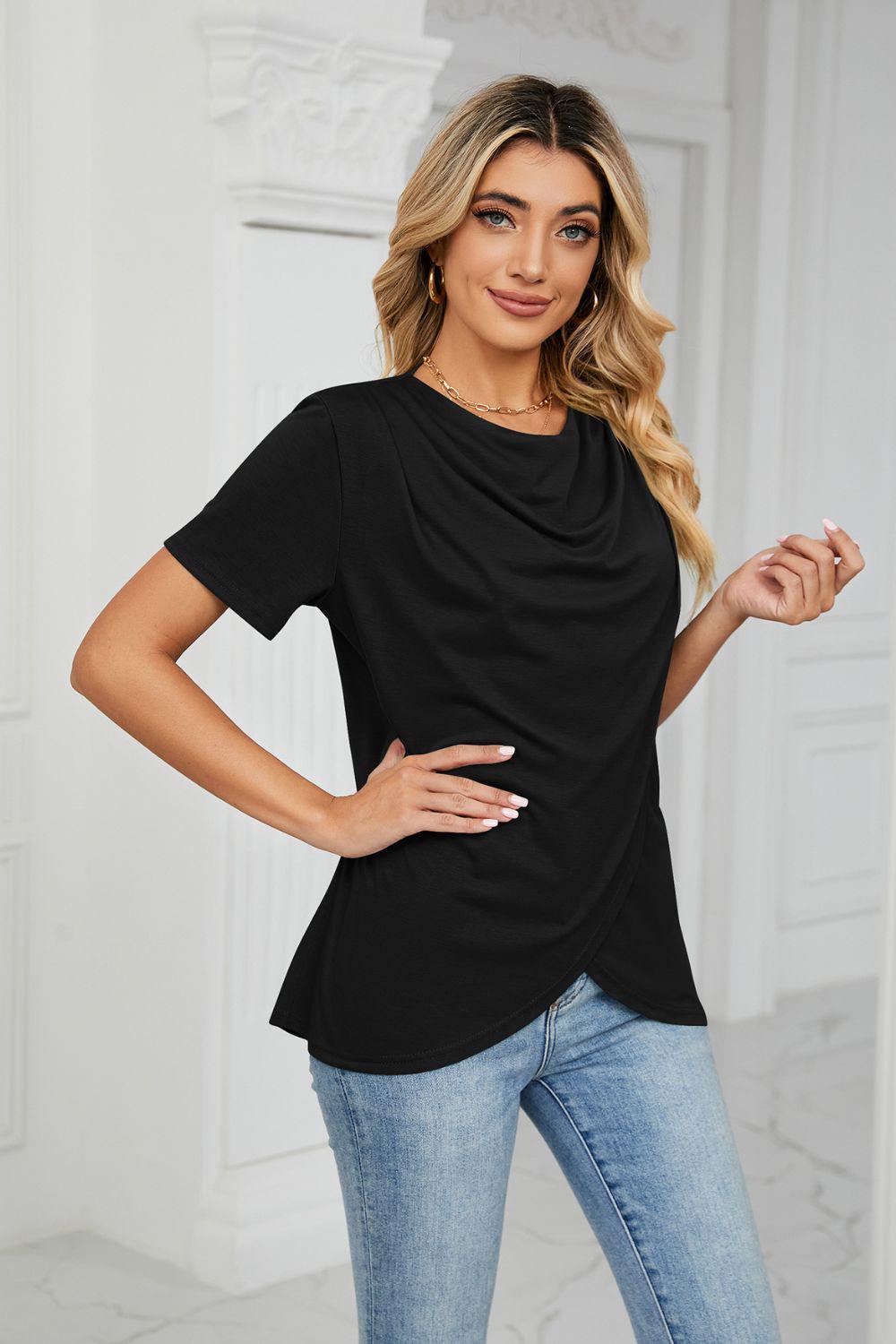 Cowl Neck Tulip Hem Tee Shirt BLUE ZONE PLANET