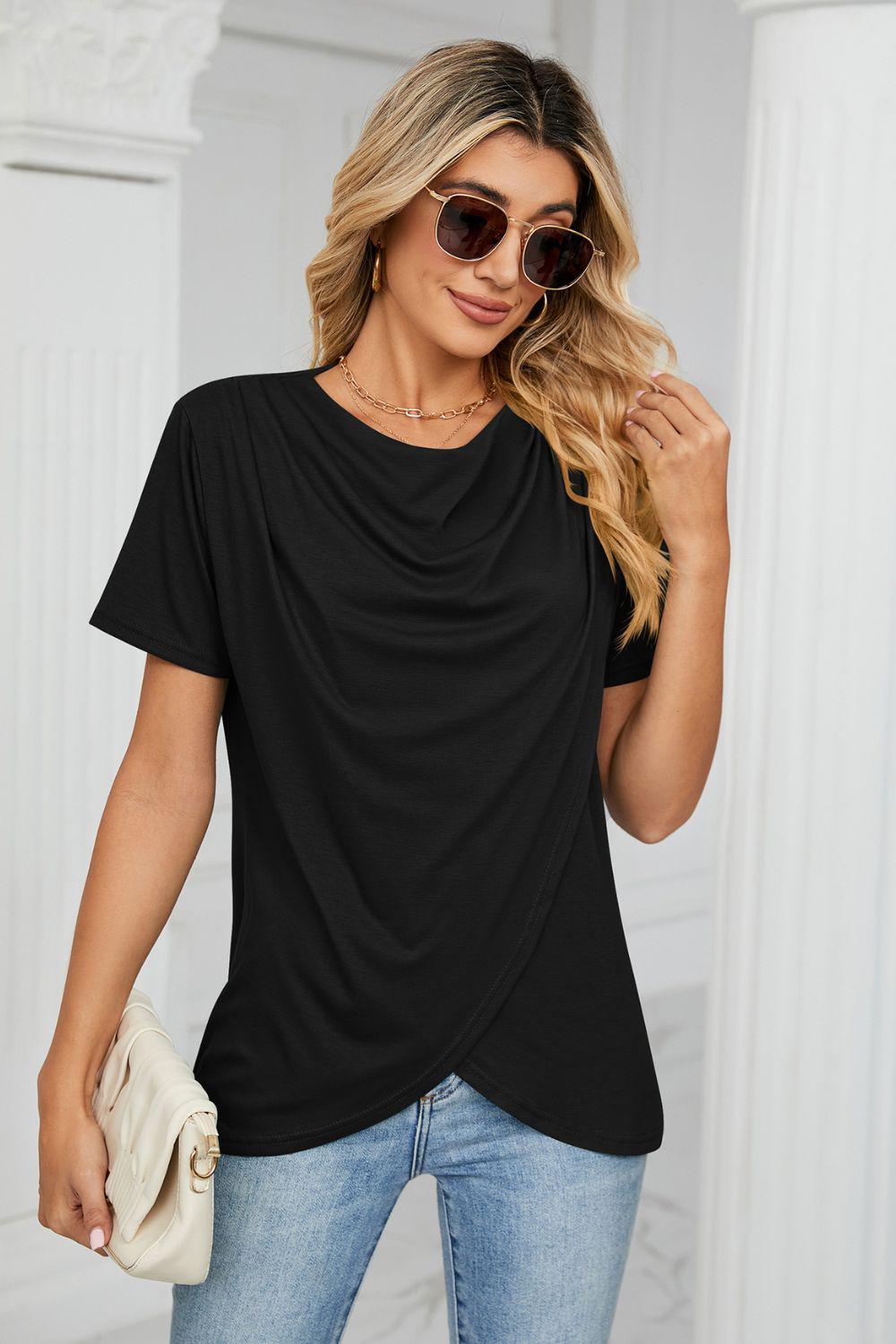 Cowl Neck Tulip Hem Tee Shirt BLUE ZONE PLANET