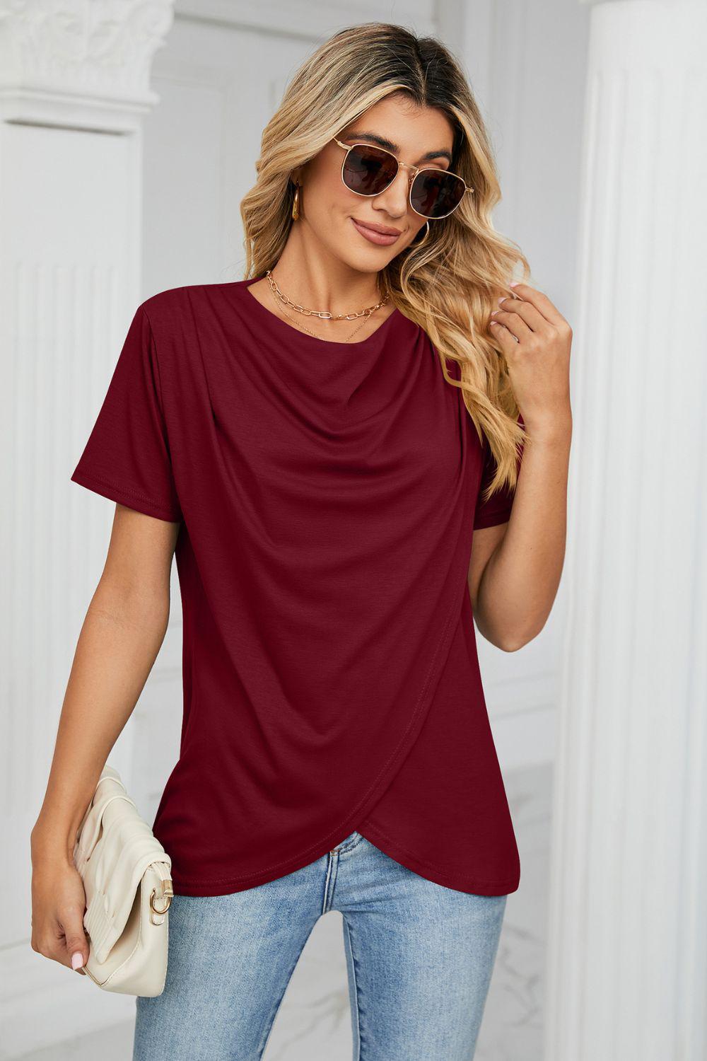 Cowl Neck Tulip Hem Tee Shirt BLUE ZONE PLANET