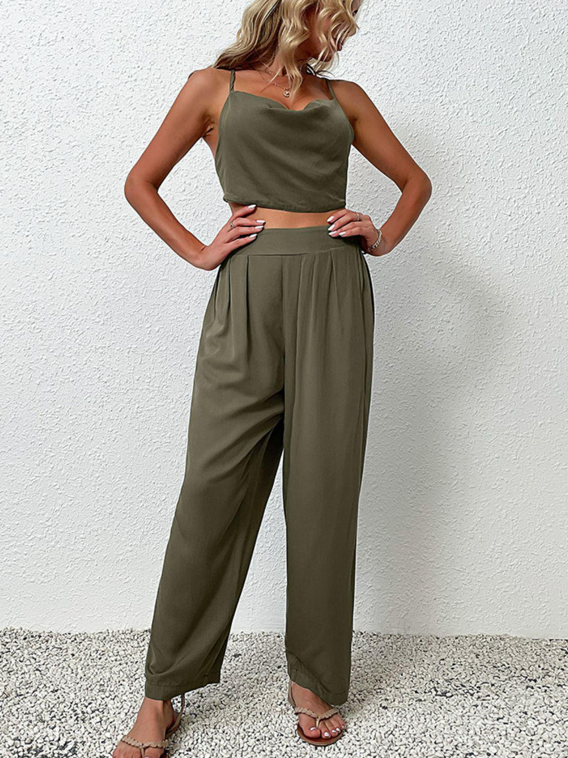 Crisscross Back Cropped Top and Pants Set BLUE ZONE PLANET