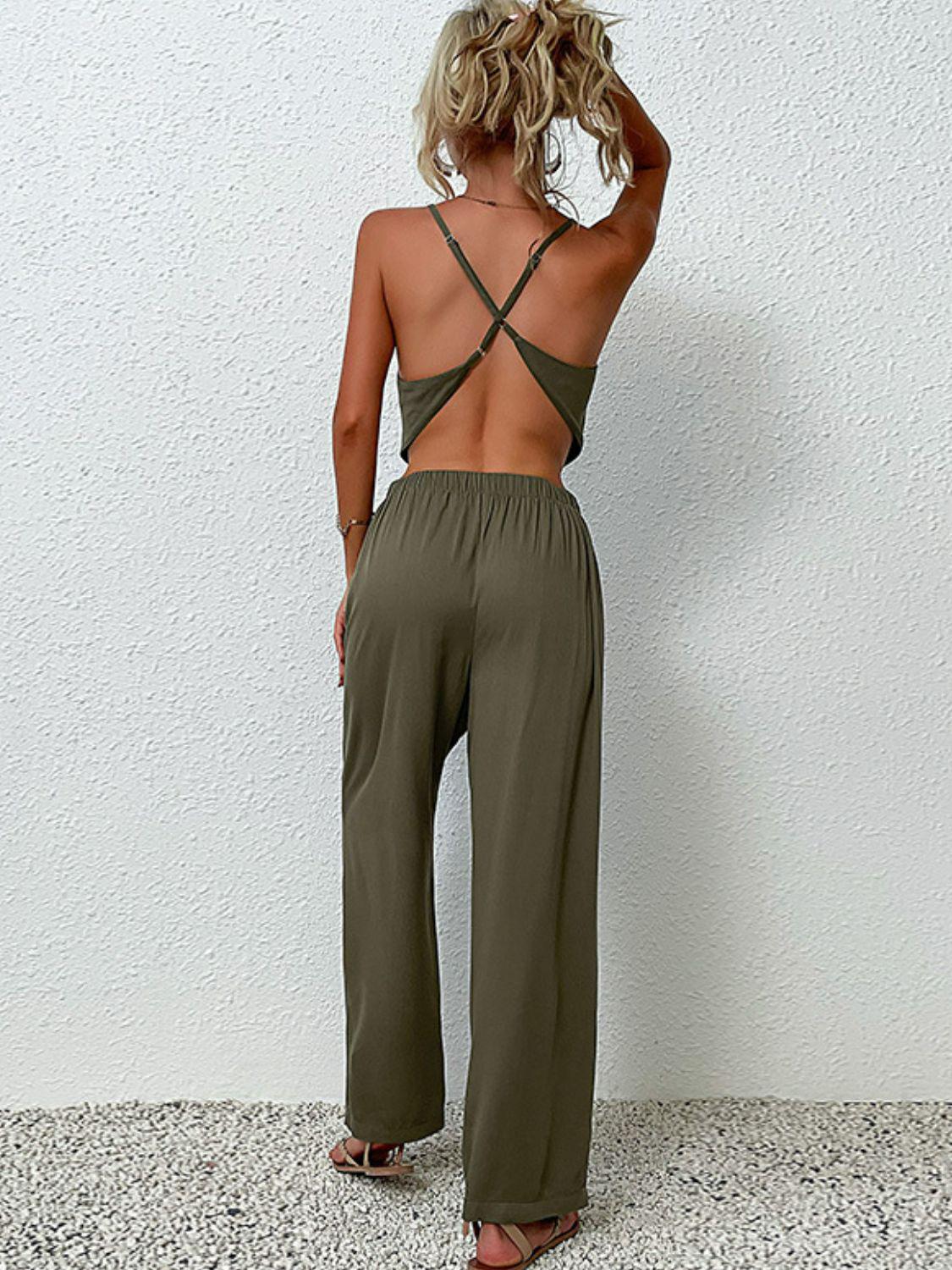 Crisscross Back Cropped Top and Pants Set BLUE ZONE PLANET