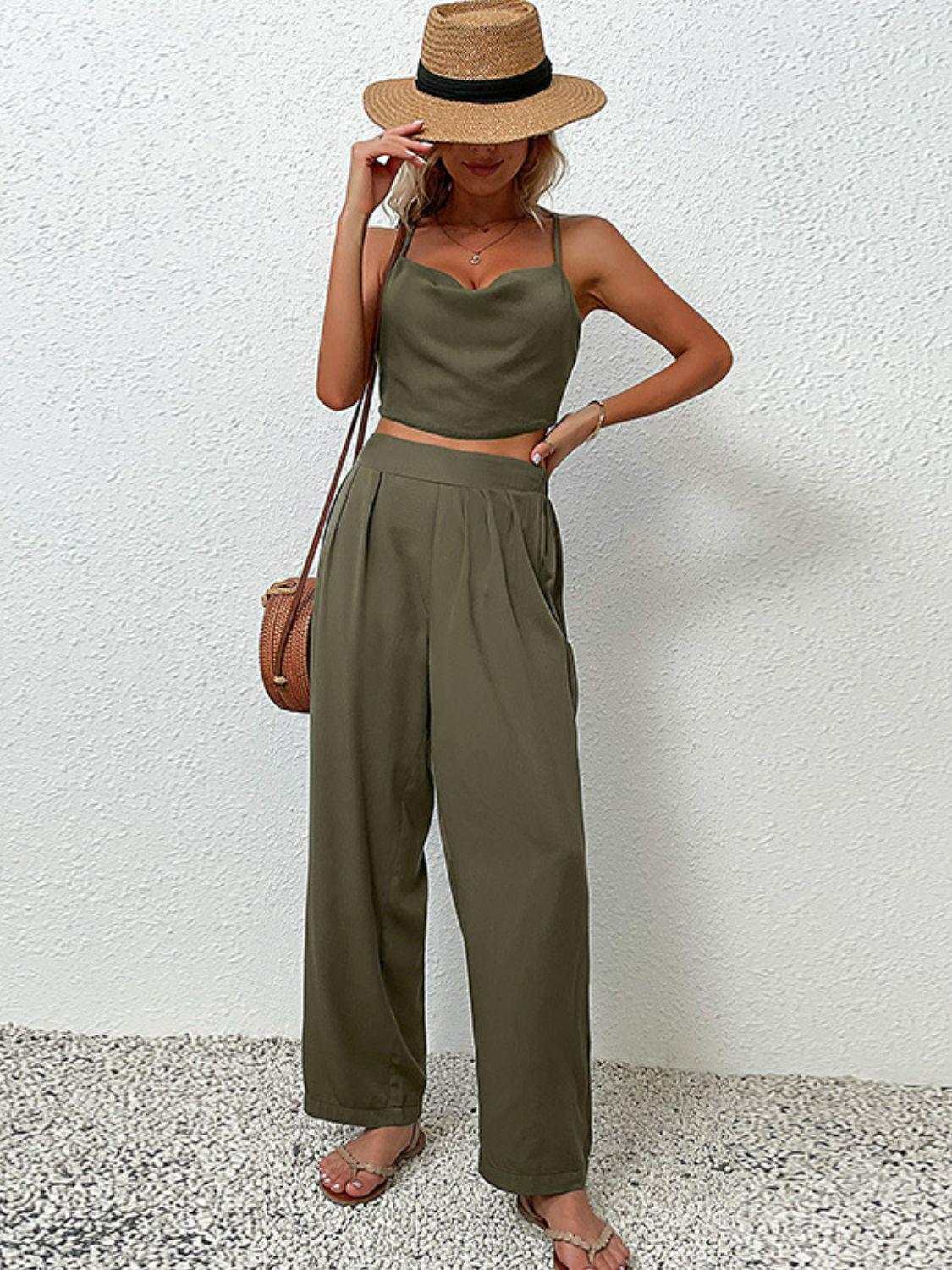 Crisscross Back Cropped Top and Pants Set BLUE ZONE PLANET