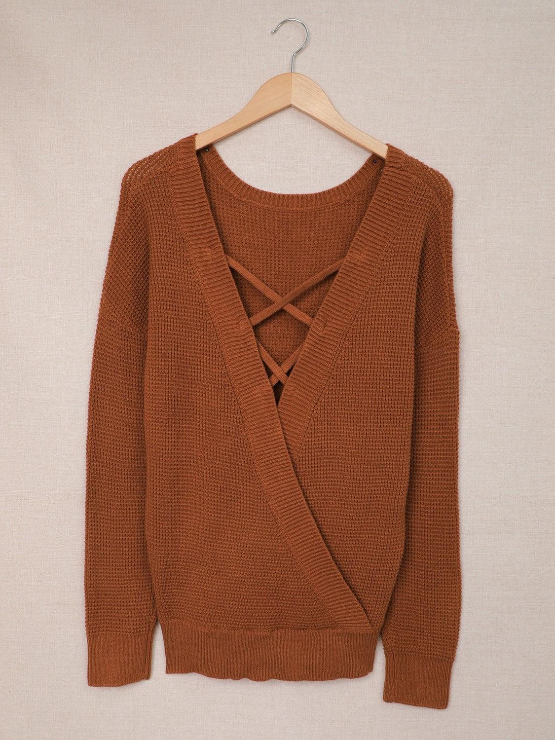 Crisscross Back Waffle-Knit Sweater BLUE ZONE PLANET