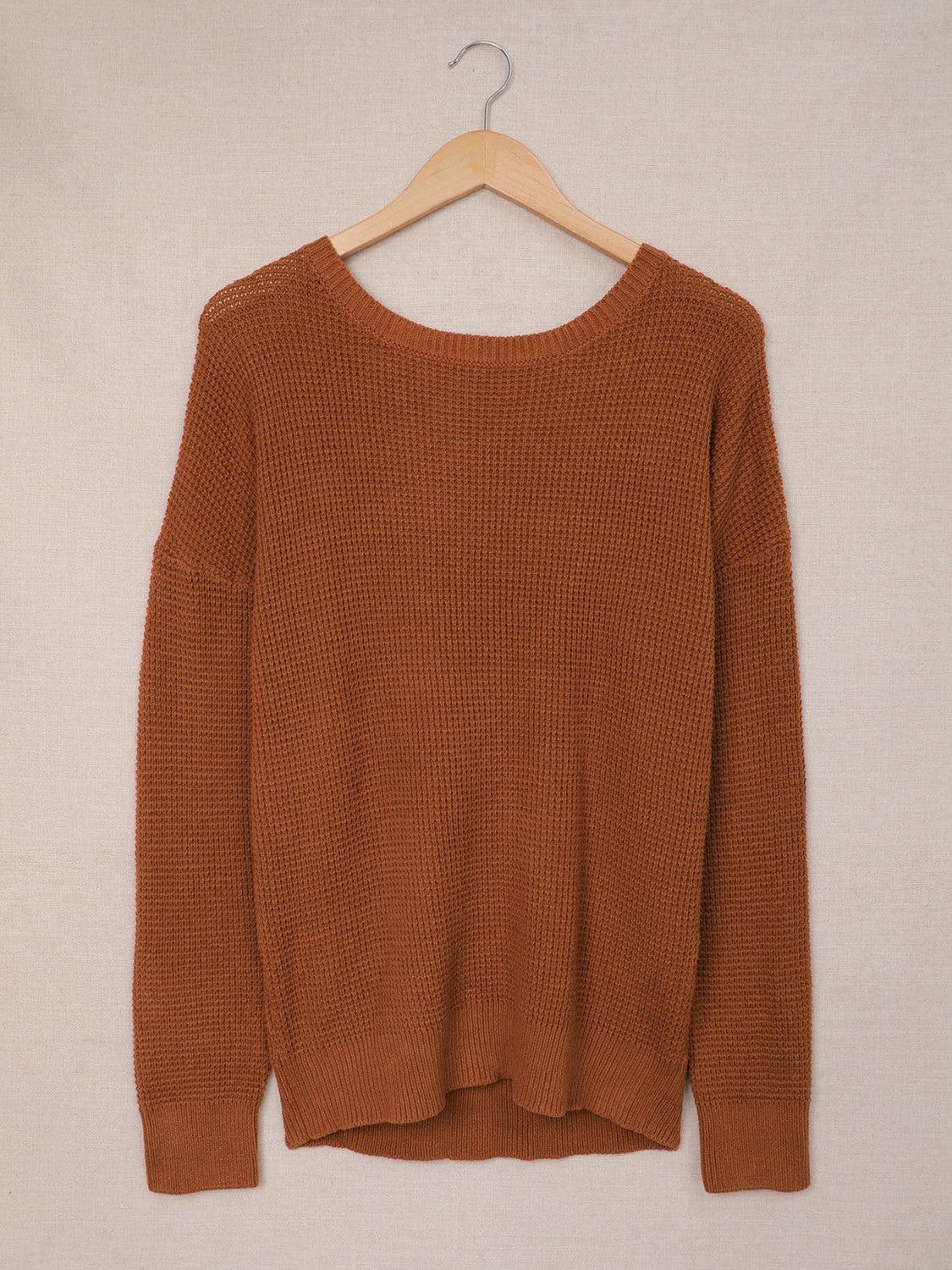 Crisscross Back Waffle-Knit Sweater BLUE ZONE PLANET