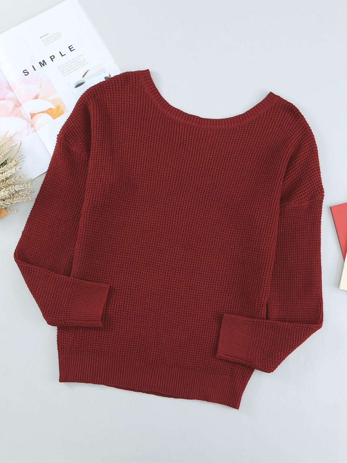 Crisscross Back Waffle-Knit Sweater BLUE ZONE PLANET