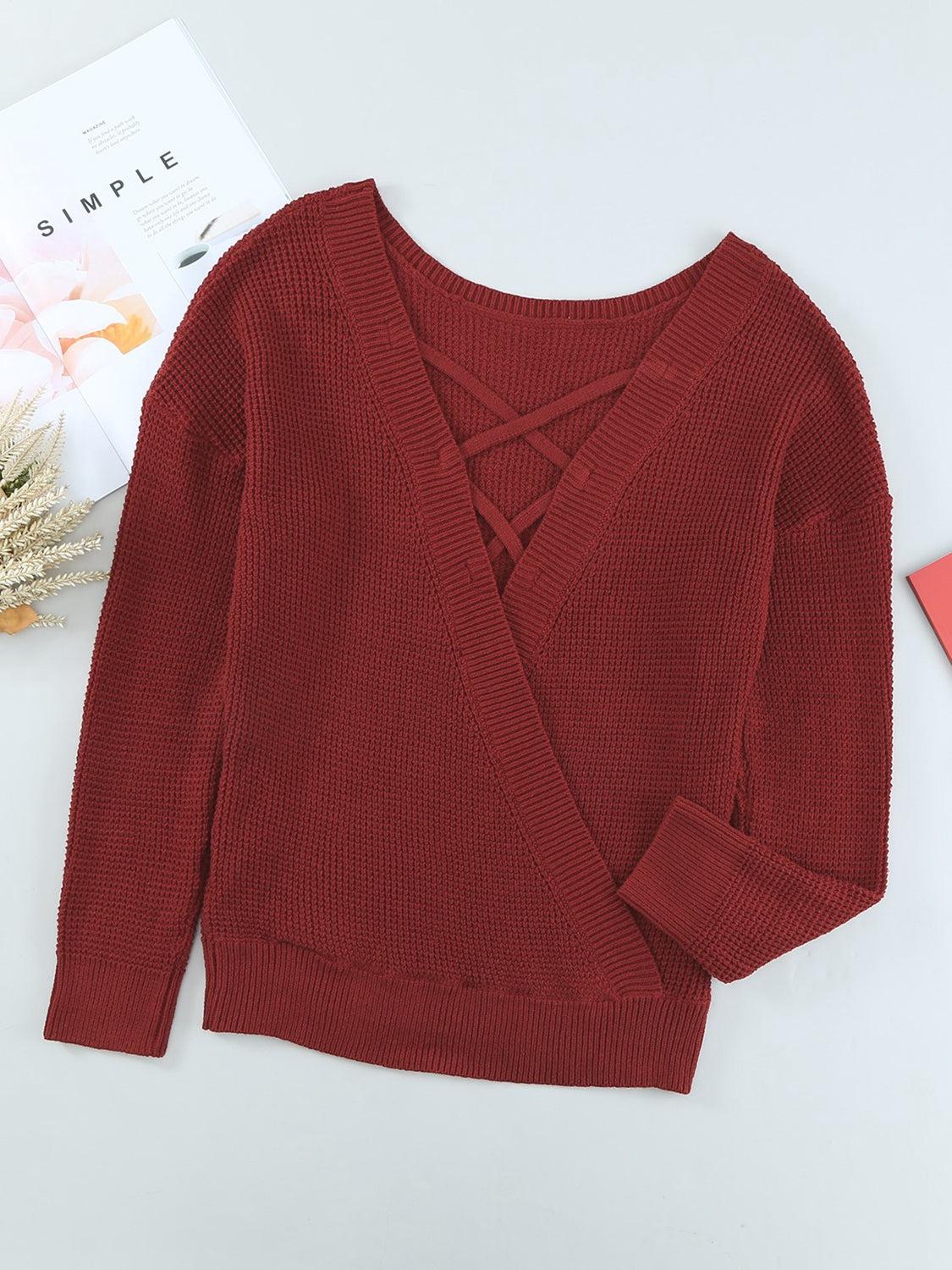 Crisscross Back Waffle-Knit Sweater BLUE ZONE PLANET