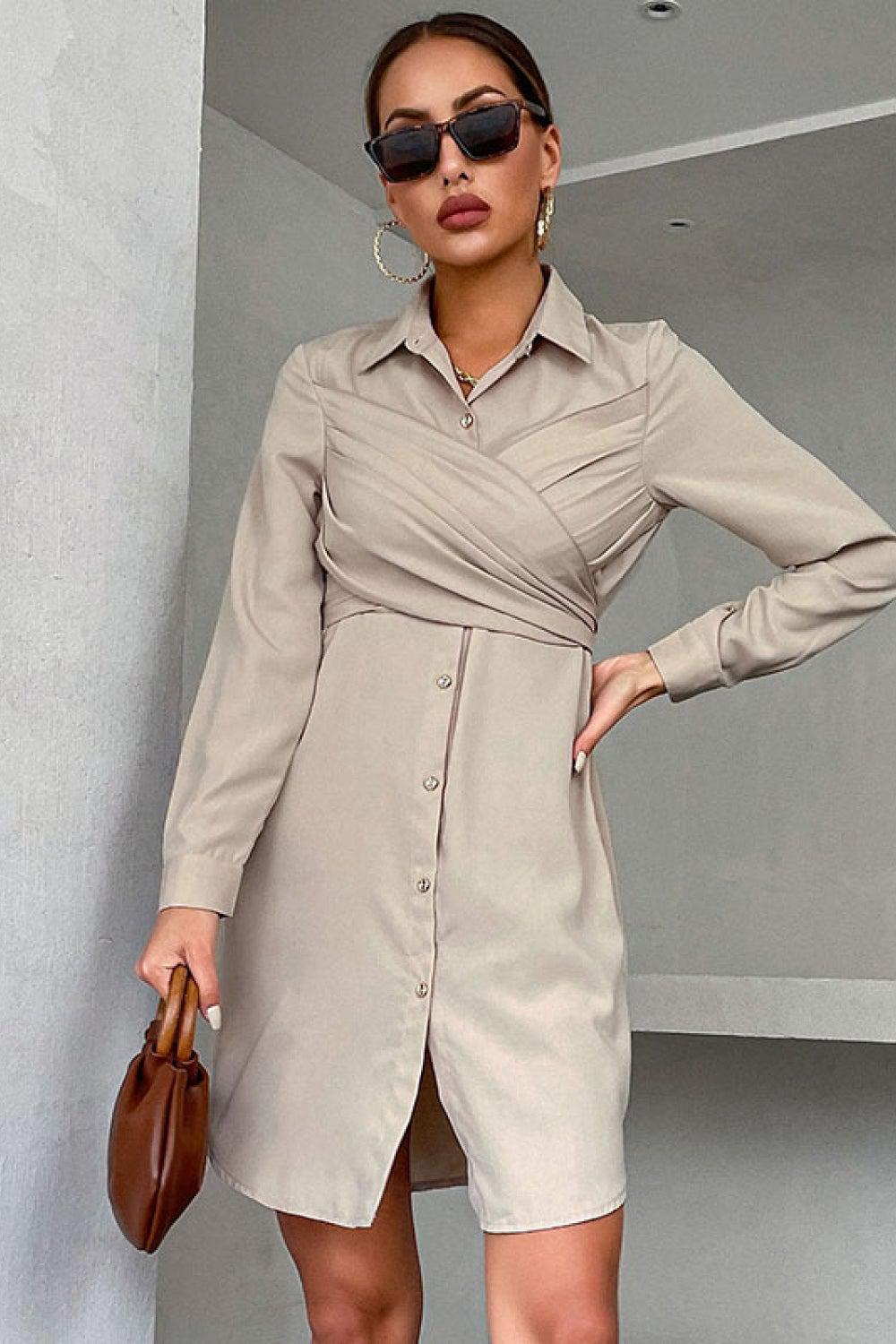 Crisscross Tie-Back Curved Hem Shirt Dress BLUE ZONE PLANET