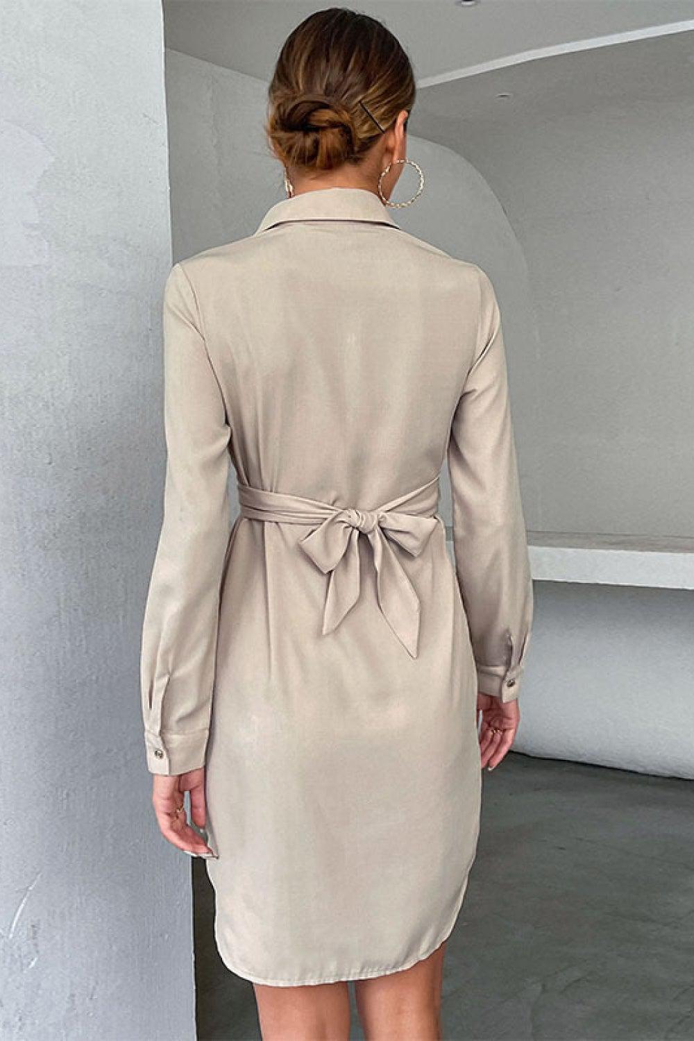 Crisscross Tie-Back Curved Hem Shirt Dress BLUE ZONE PLANET