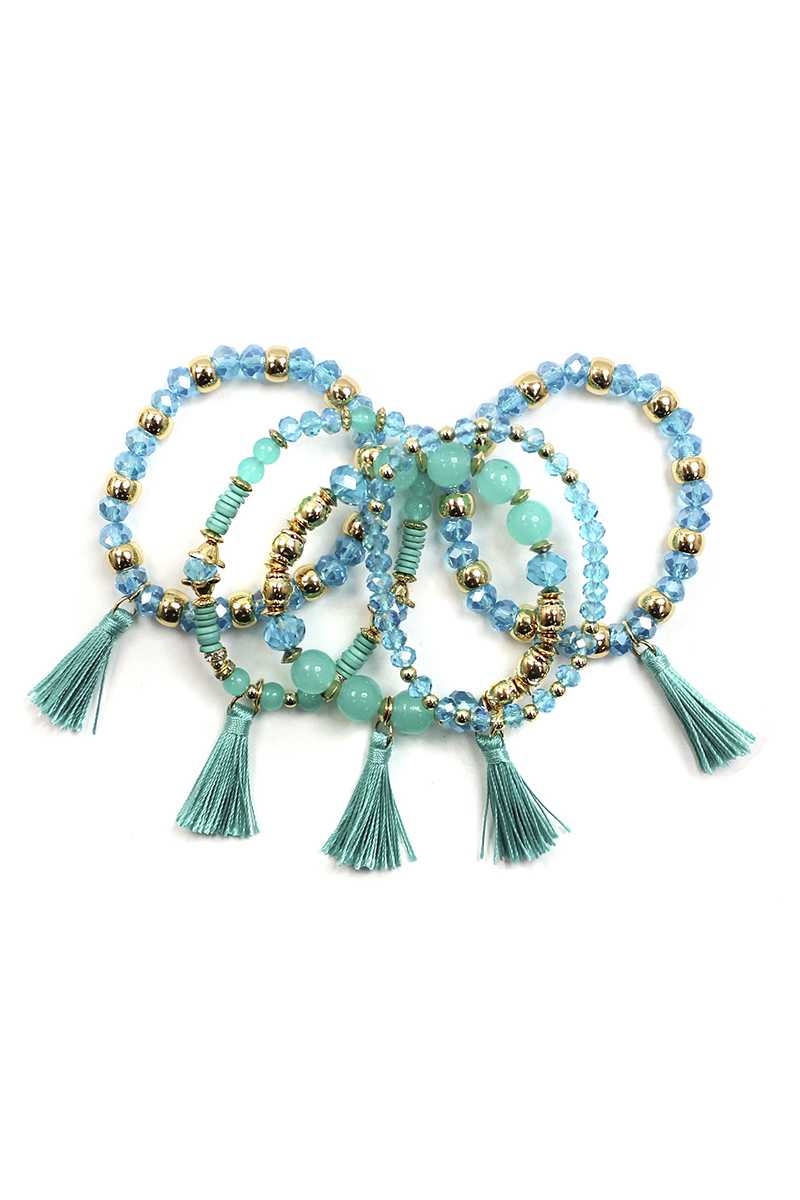 Crystal Stone Ball Bead Tassel Stretch Bracelet Set Blue Zone Planet