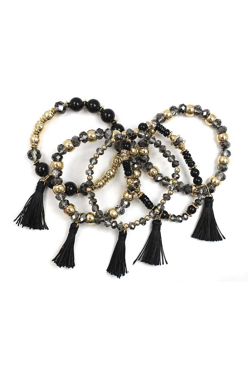 Crystal Stone Ball Bead Tassel Stretch Bracelet Set Blue Zone Planet