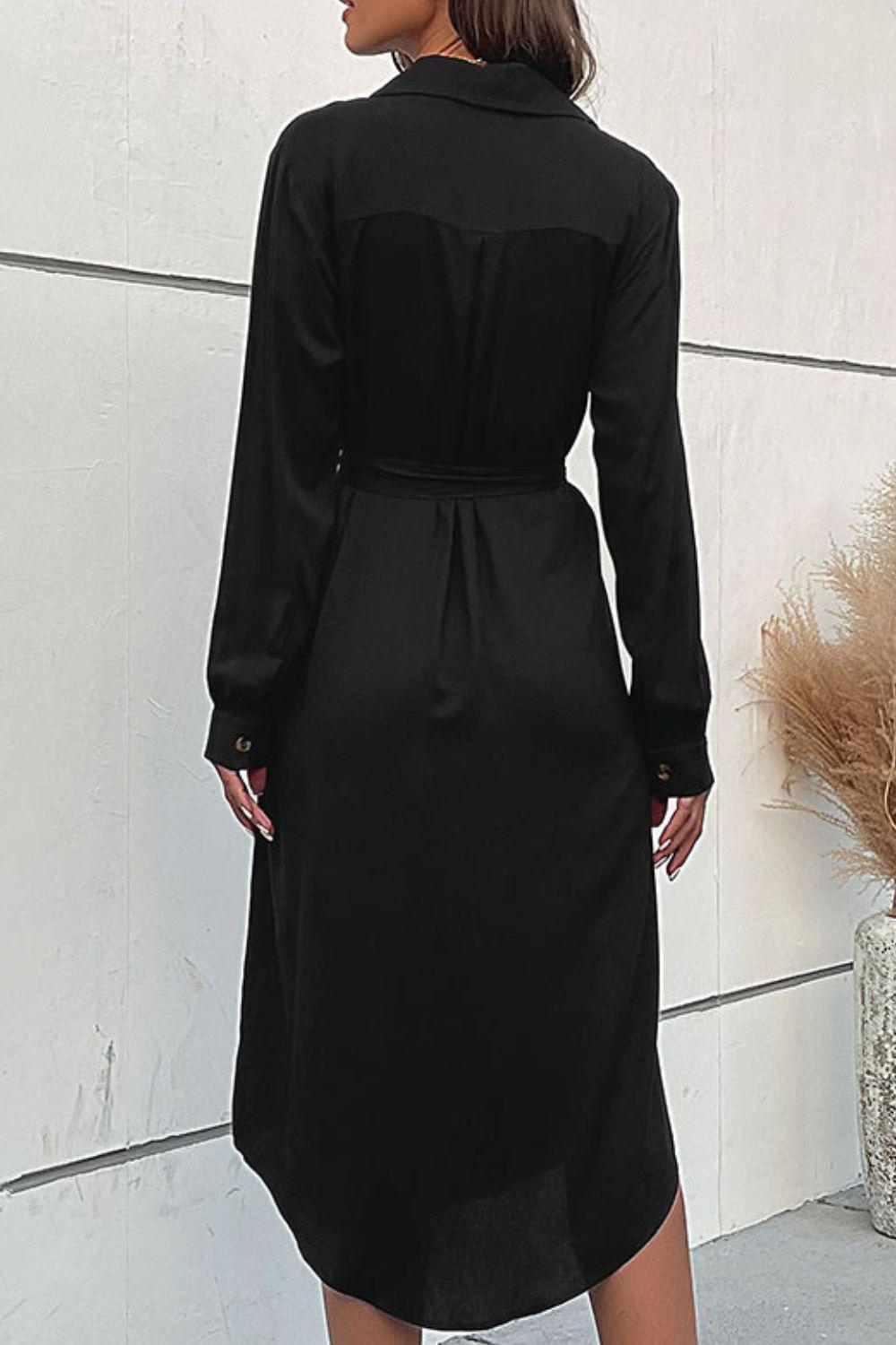 Curved Hem Belted Long Sleeve Shirt Dress BLUE ZONE PLANET