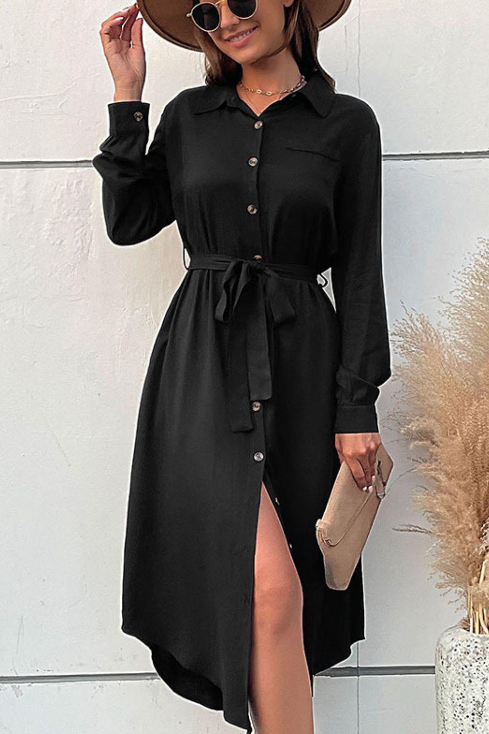 Curved Hem Belted Long Sleeve Shirt Dress BLUE ZONE PLANET
