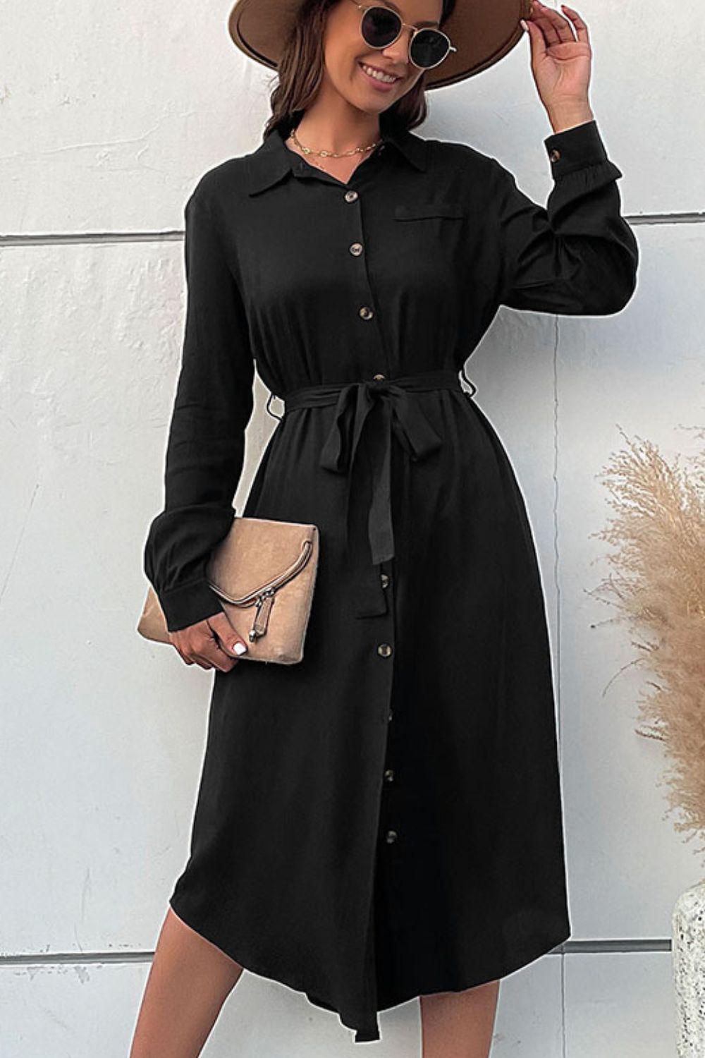 Curved Hem Belted Long Sleeve Shirt Dress BLUE ZONE PLANET