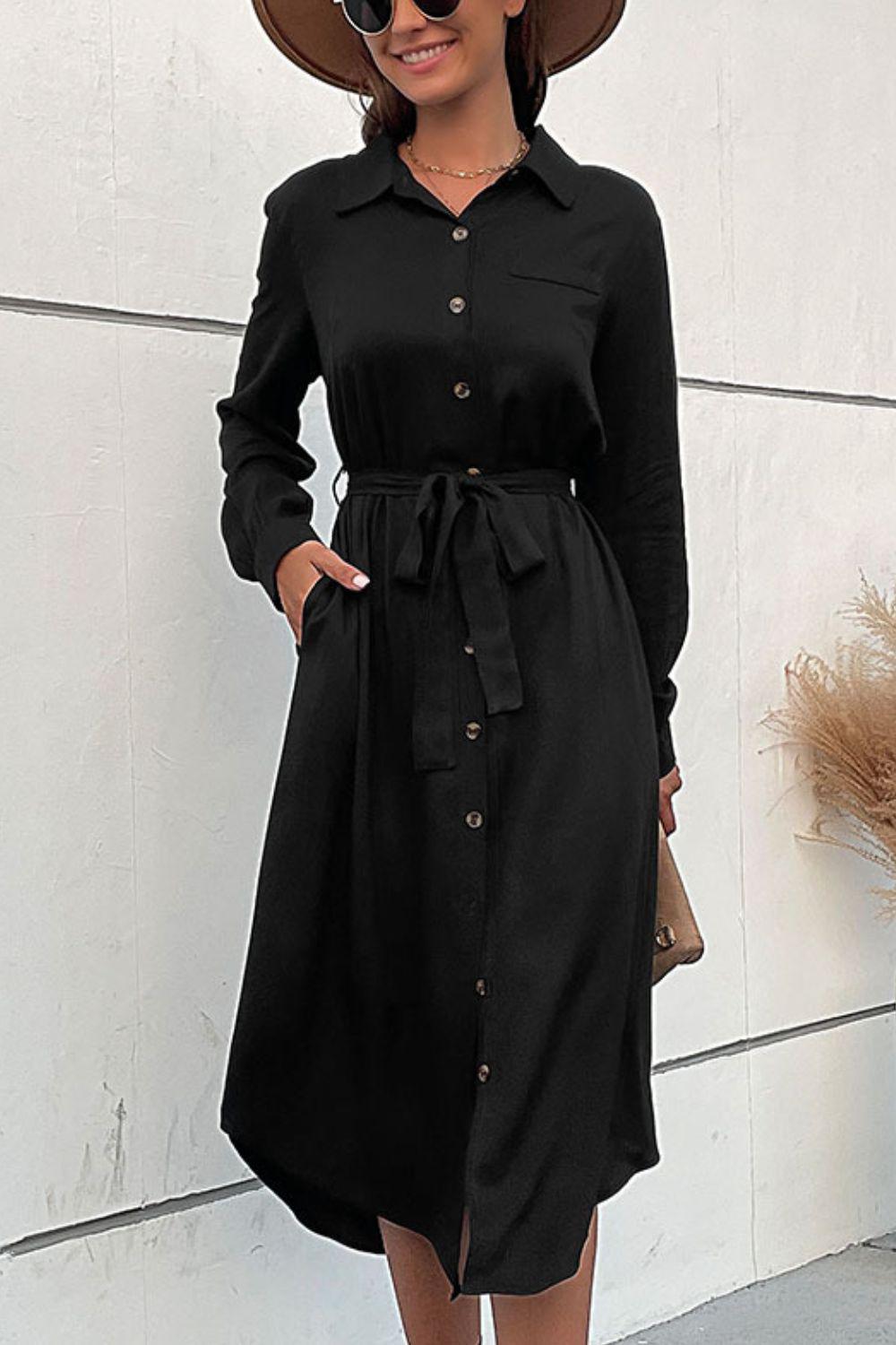 Curved Hem Belted Long Sleeve Shirt Dress BLUE ZONE PLANET