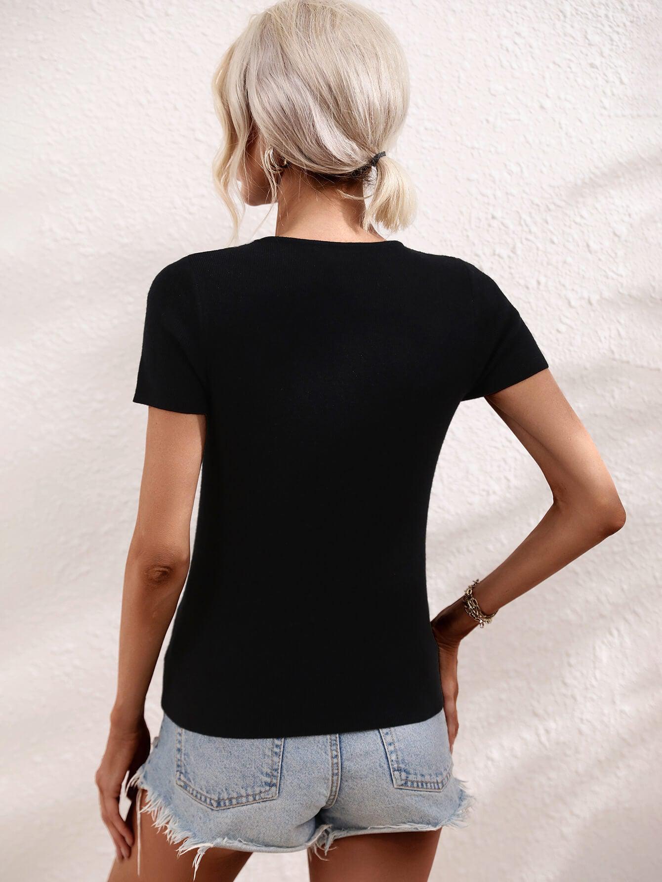 Cutout Round Neck Short Sleeve Knit Top BLUE ZONE PLANET
