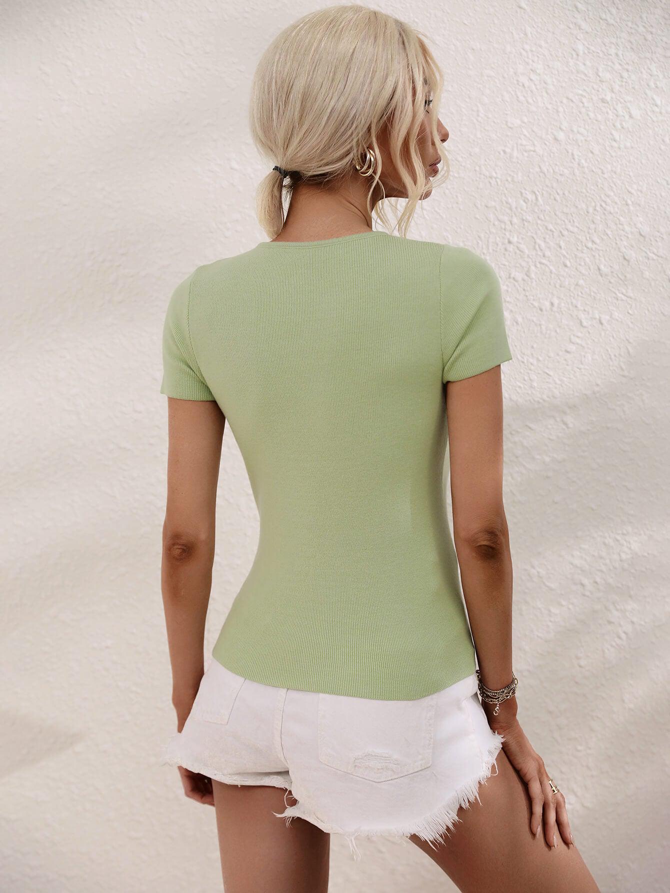 Cutout Round Neck Short Sleeve Knit Top BLUE ZONE PLANET