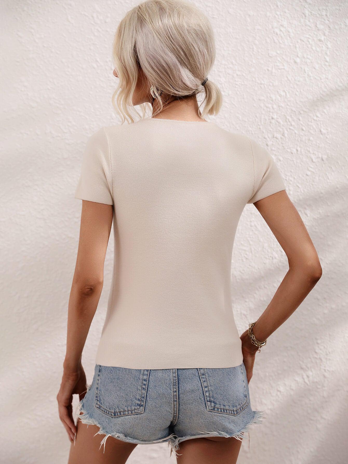 Cutout Round Neck Short Sleeve Knit Top BLUE ZONE PLANET