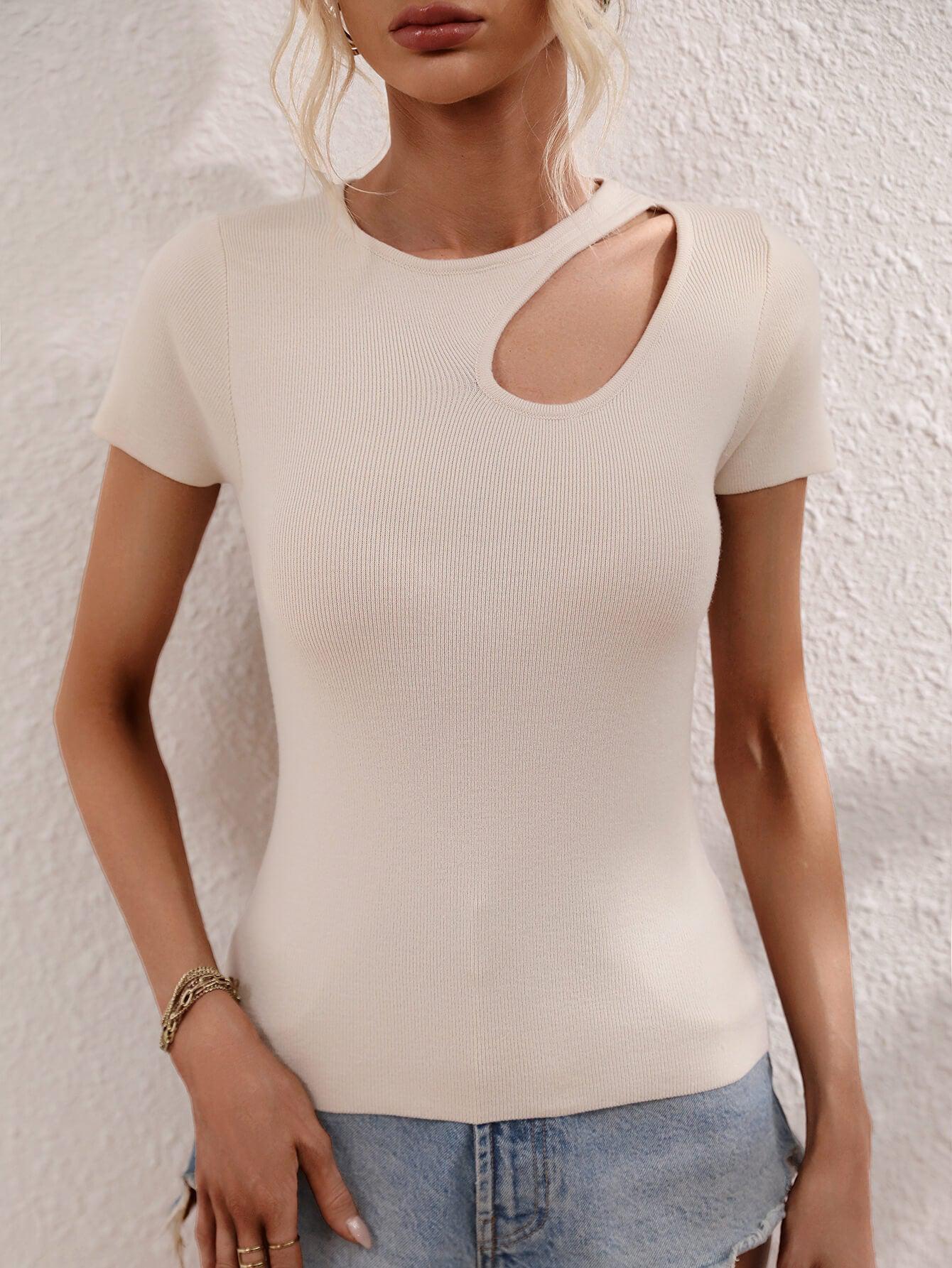 Cutout Round Neck Short Sleeve Knit Top BLUE ZONE PLANET