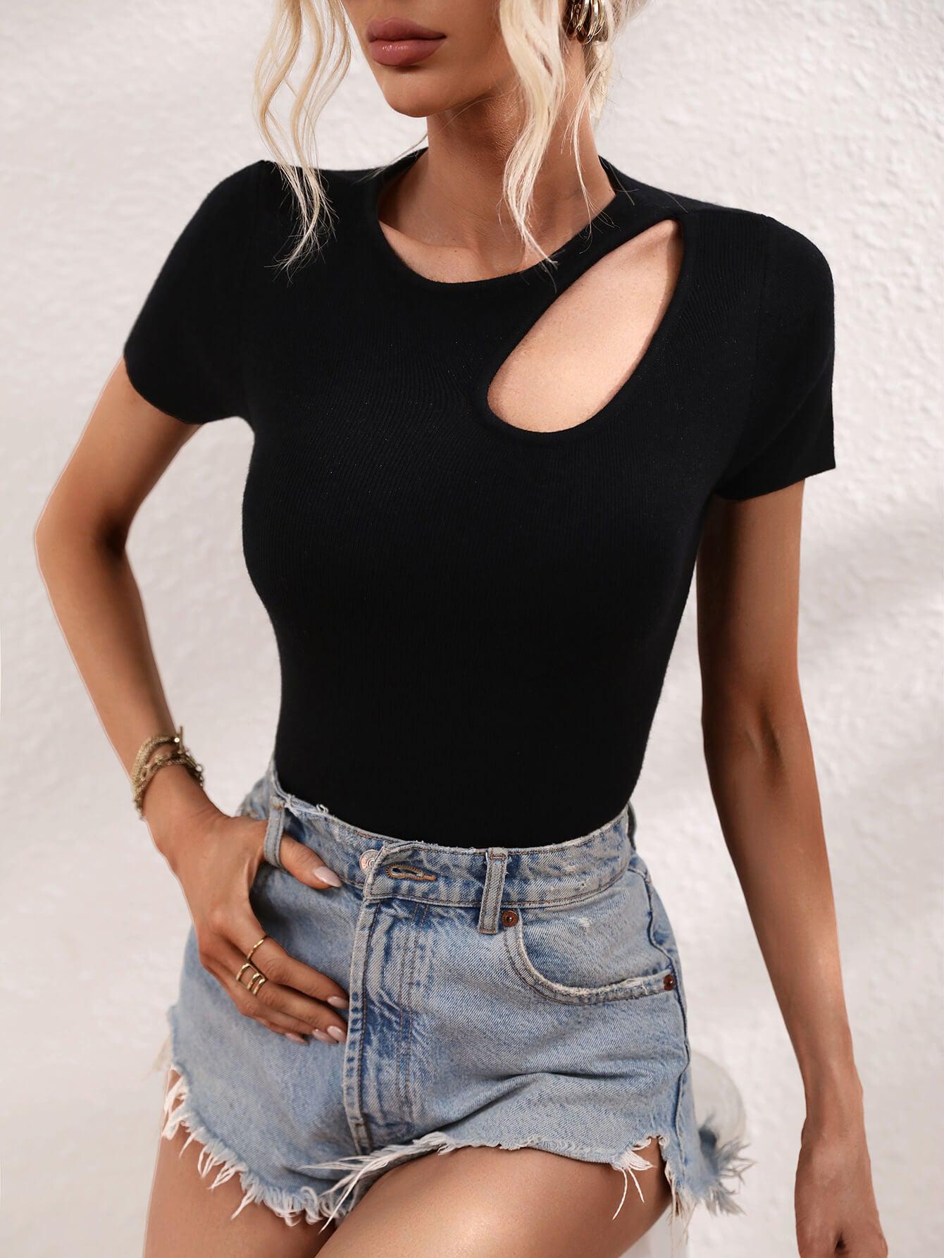 Cutout Round Neck Short Sleeve Knit Top BLUE ZONE PLANET
