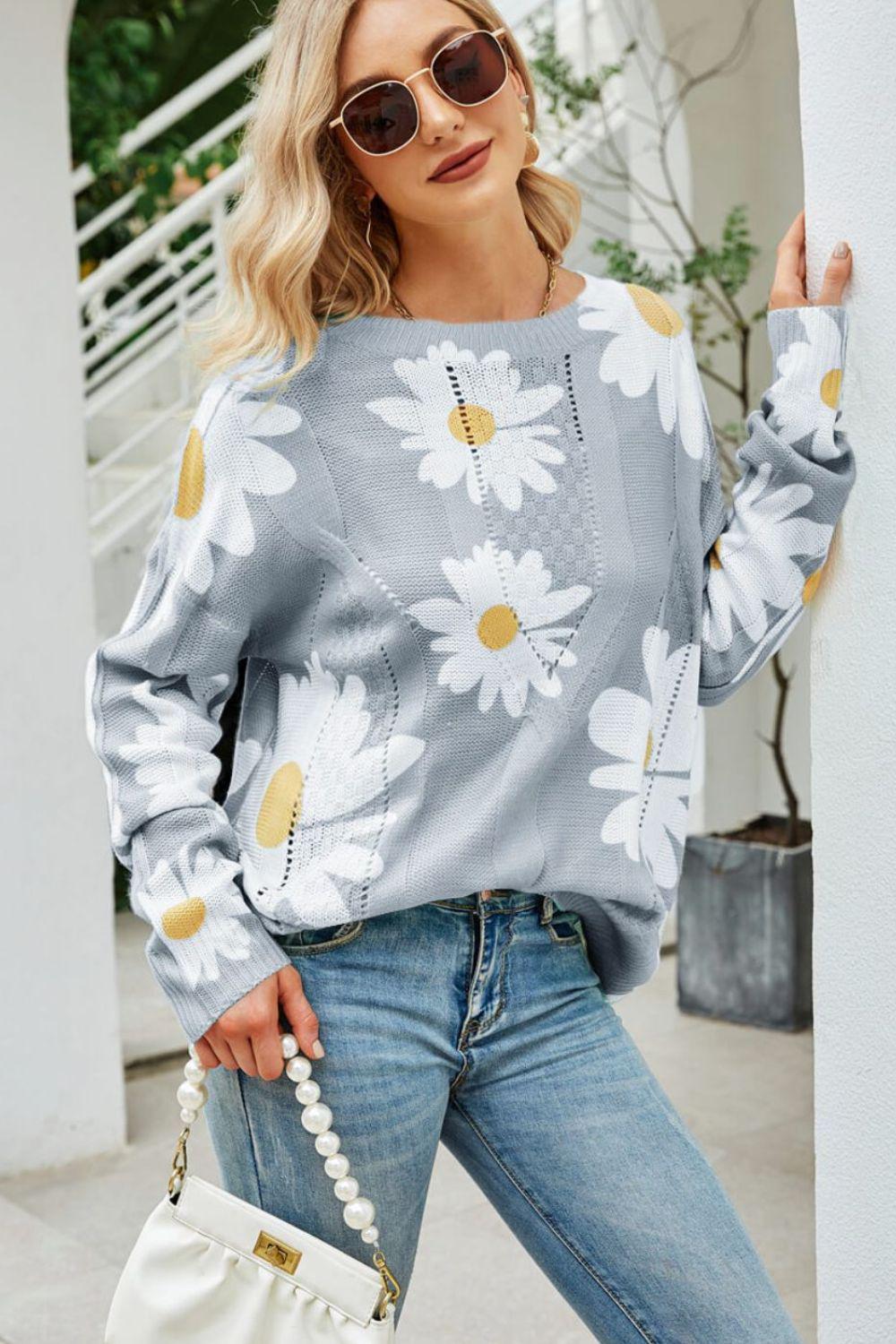 Daisy Print Openwork Round Neck Sweater BLUE ZONE PLANET