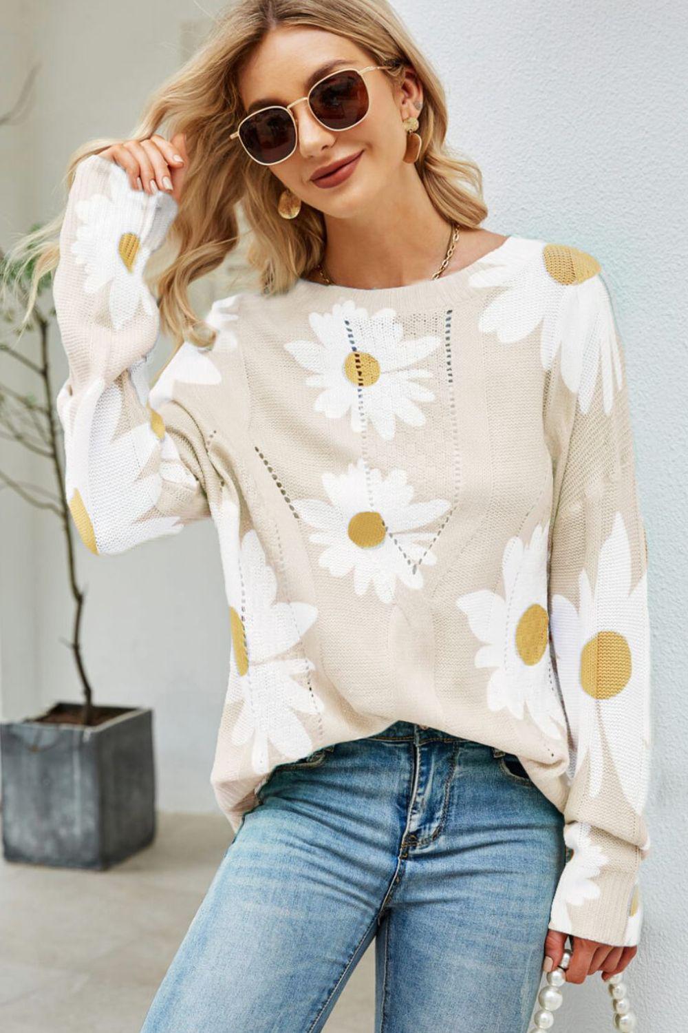 Daisy Print Openwork Round Neck Sweater BLUE ZONE PLANET