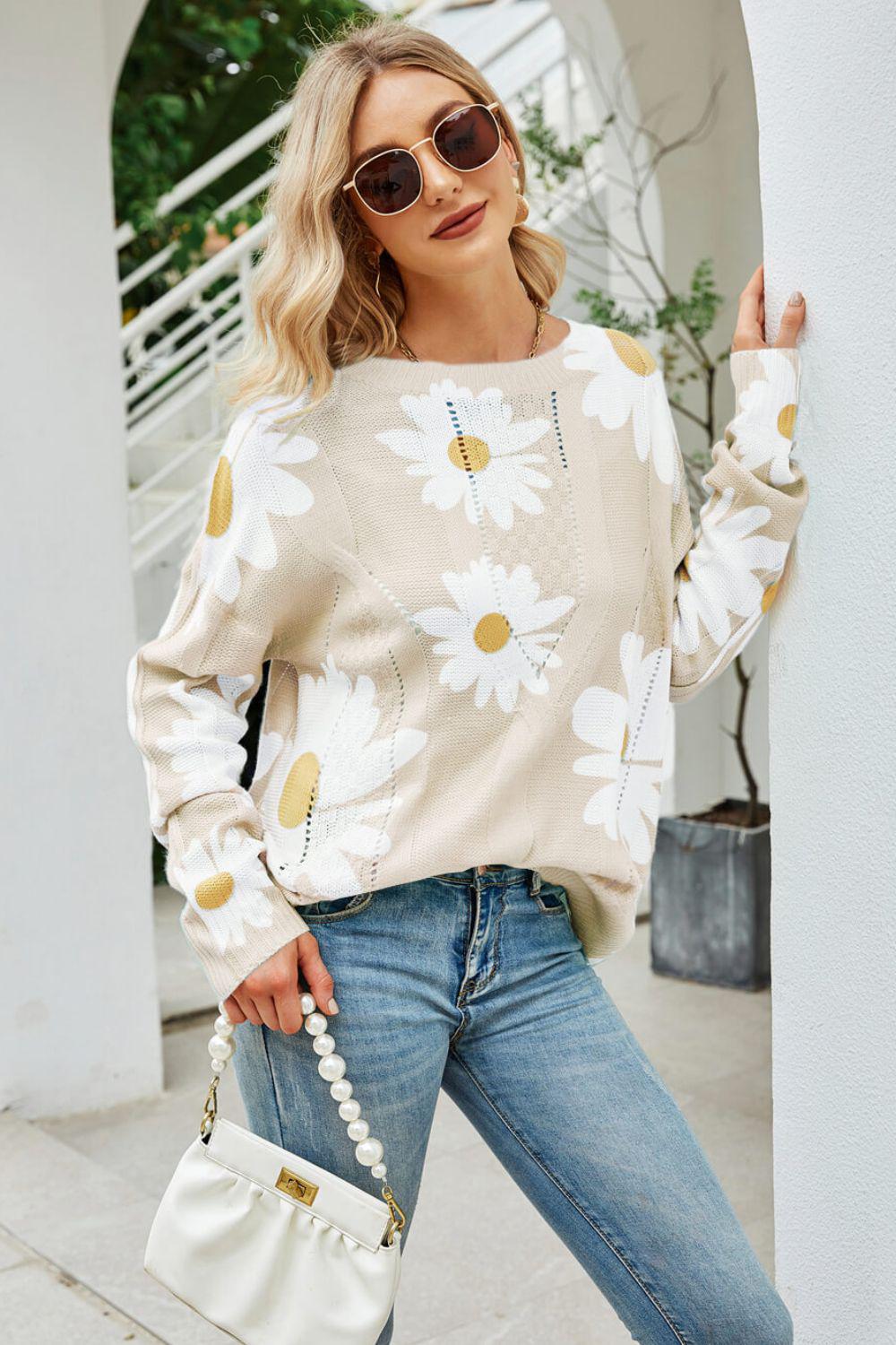 Daisy Print Openwork Round Neck Sweater BLUE ZONE PLANET