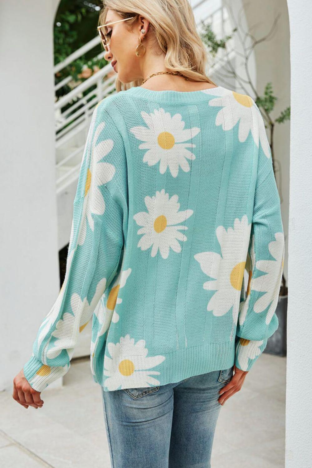 Daisy Print Openwork Round Neck Sweater BLUE ZONE PLANET