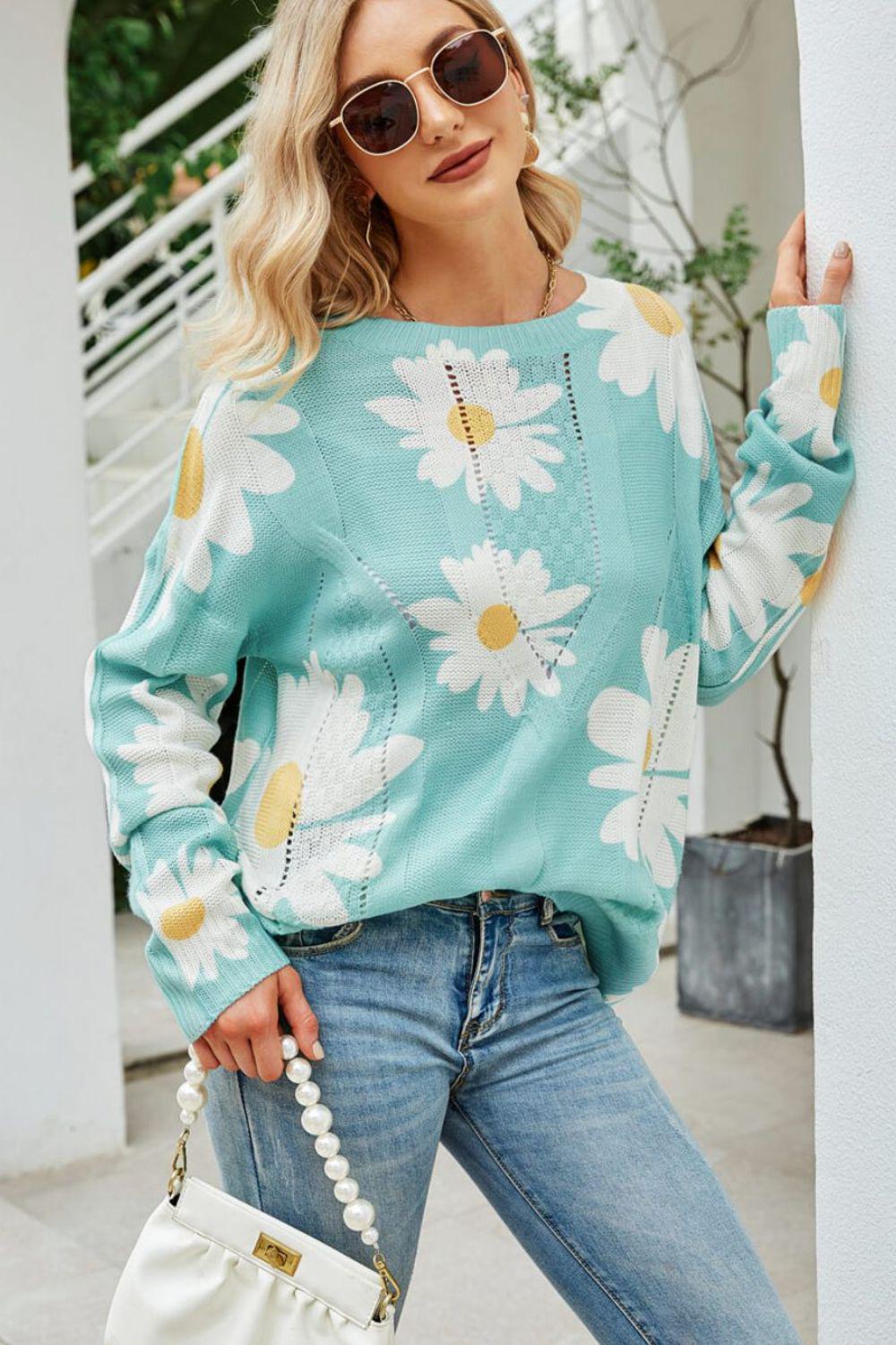 Daisy Print Openwork Round Neck Sweater BLUE ZONE PLANET