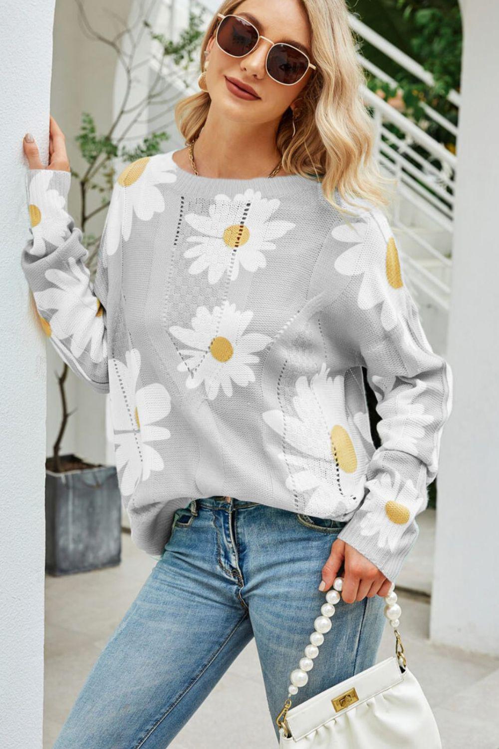 Daisy Print Openwork Round Neck Sweater BLUE ZONE PLANET