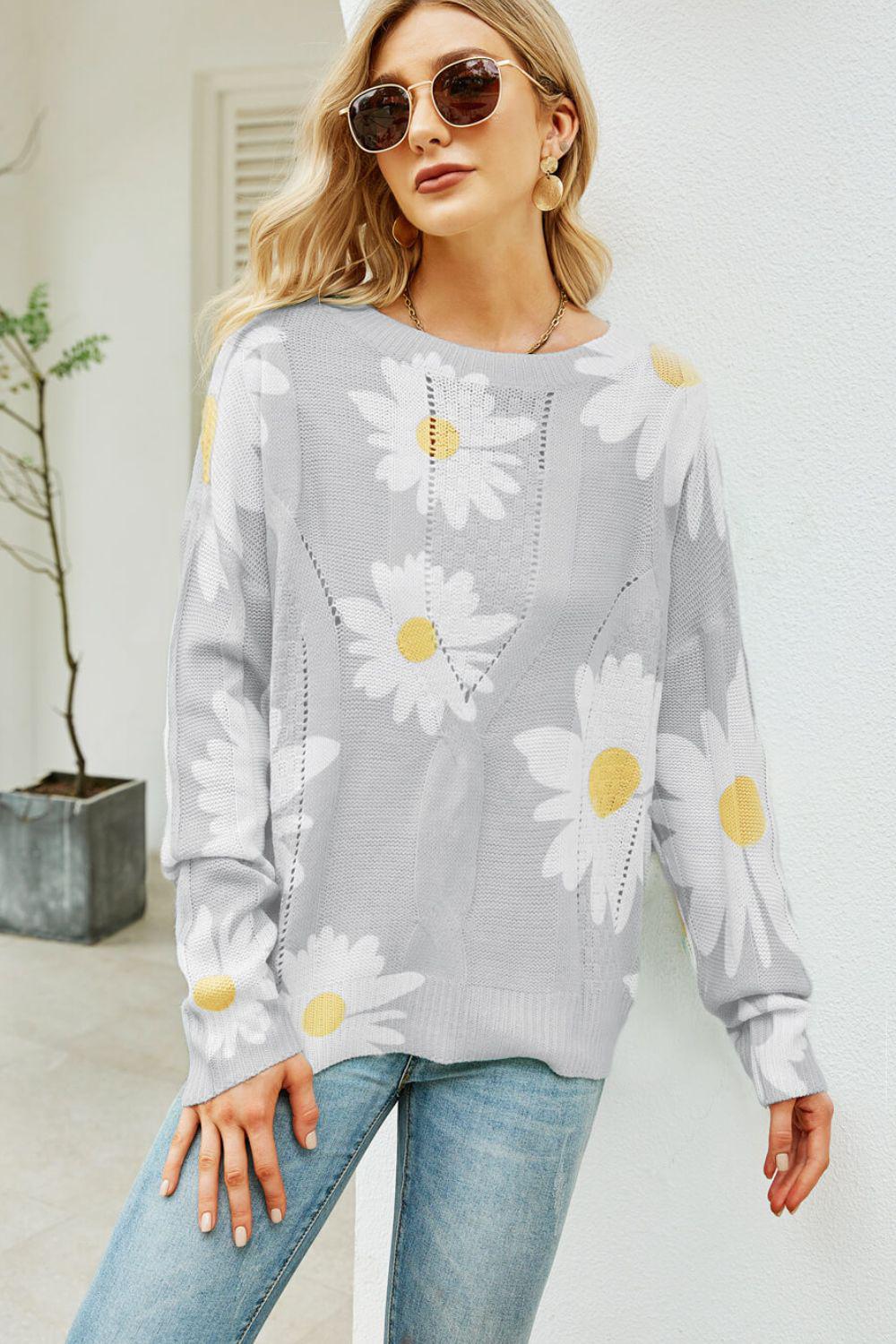 Daisy Print Openwork Round Neck Sweater BLUE ZONE PLANET