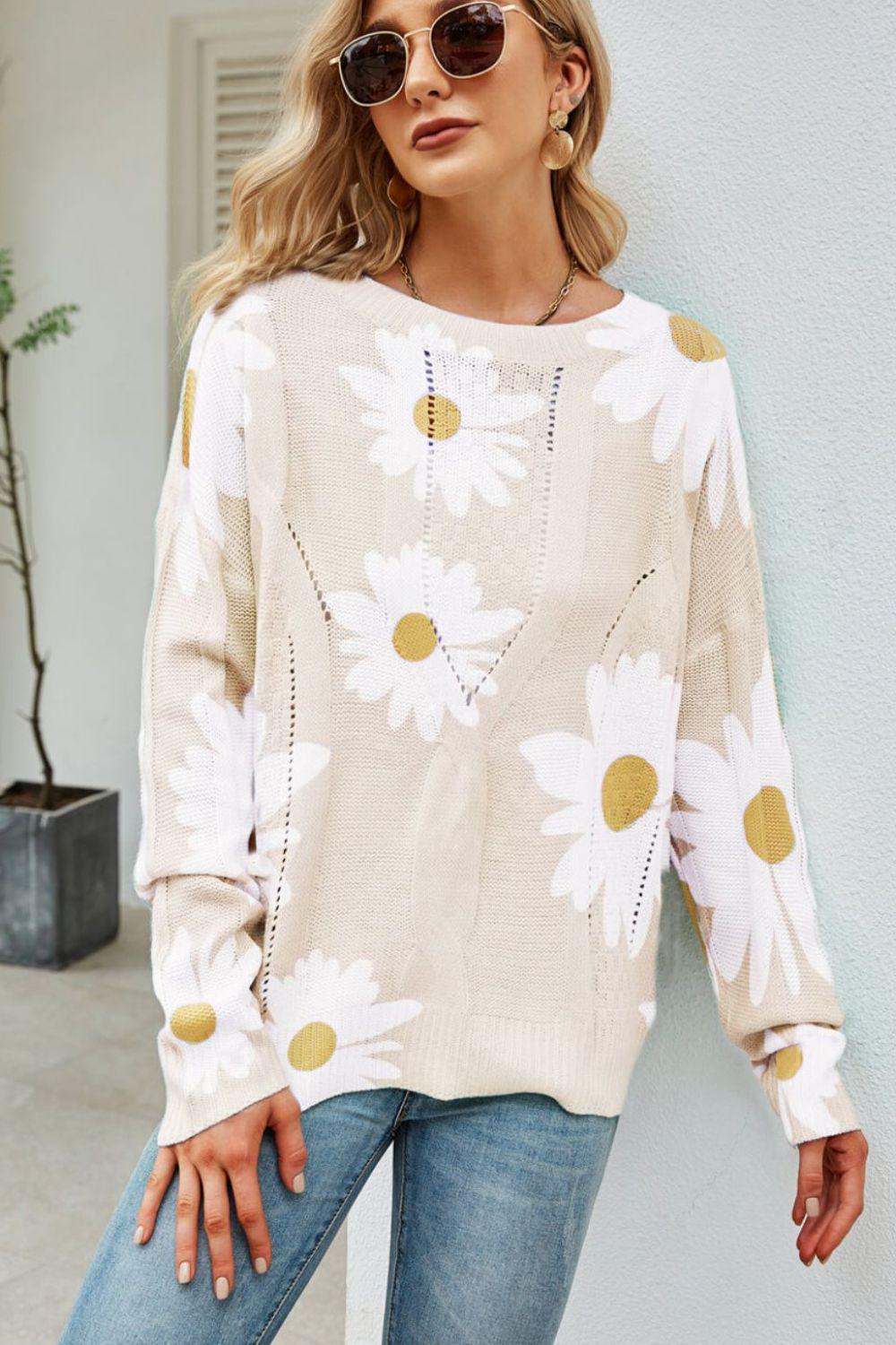 Daisy Print Openwork Round Neck Sweater BLUE ZONE PLANET