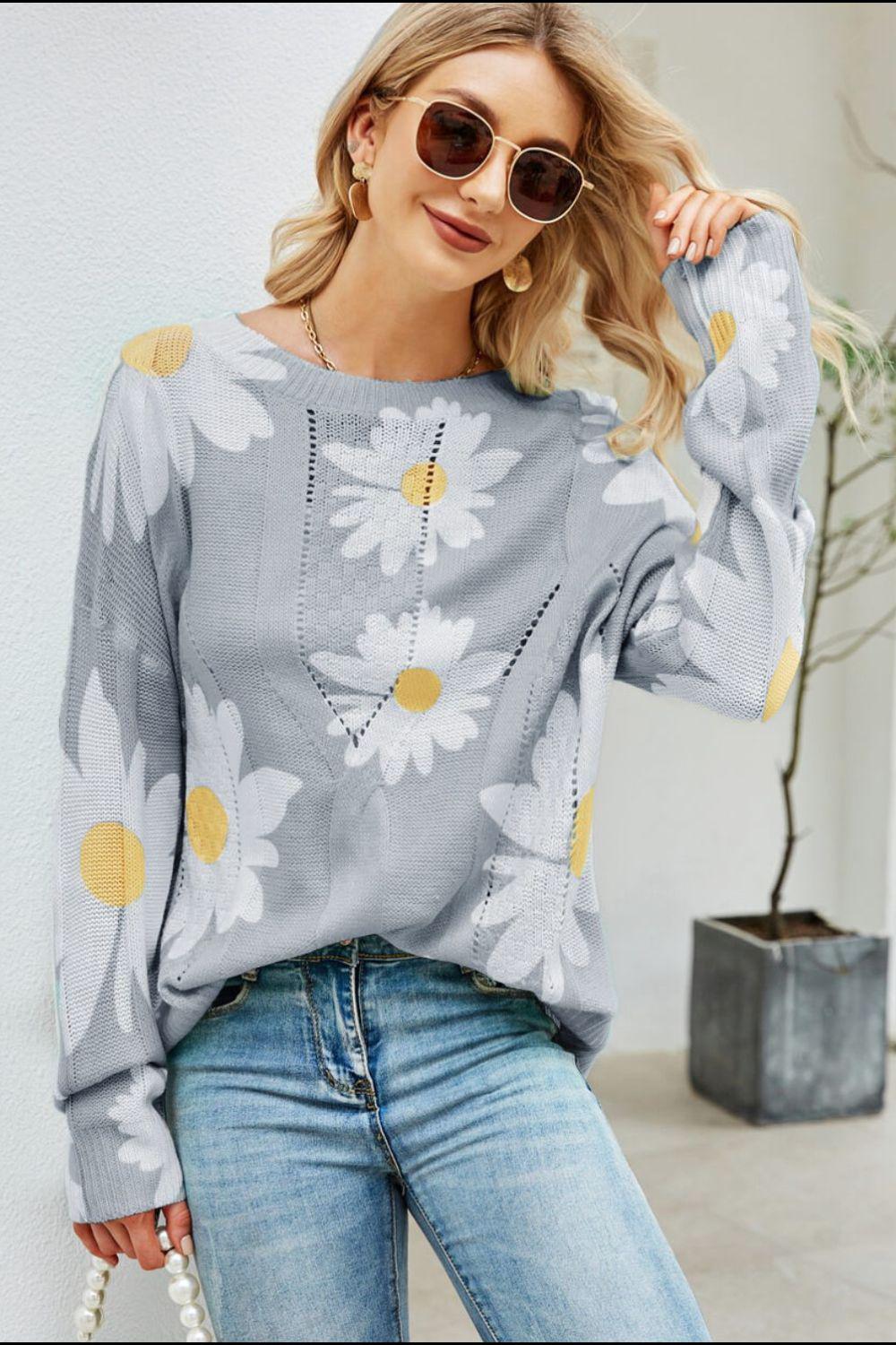 Daisy Print Openwork Round Neck Sweater BLUE ZONE PLANET