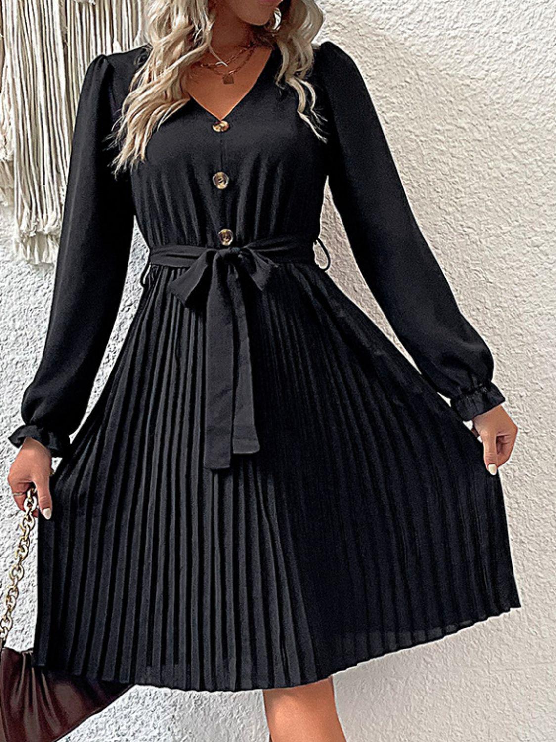 Decorative Button Belted Puff Sleeve Pleated Dress BLUE ZONE PLANET