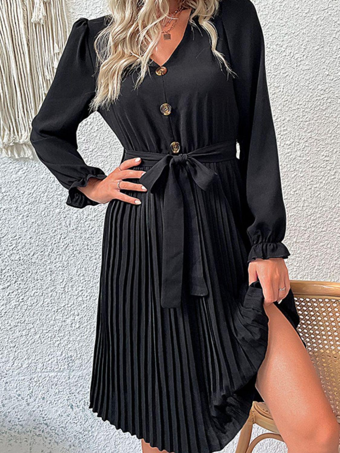 Decorative Button Belted Puff Sleeve Pleated Dress BLUE ZONE PLANET