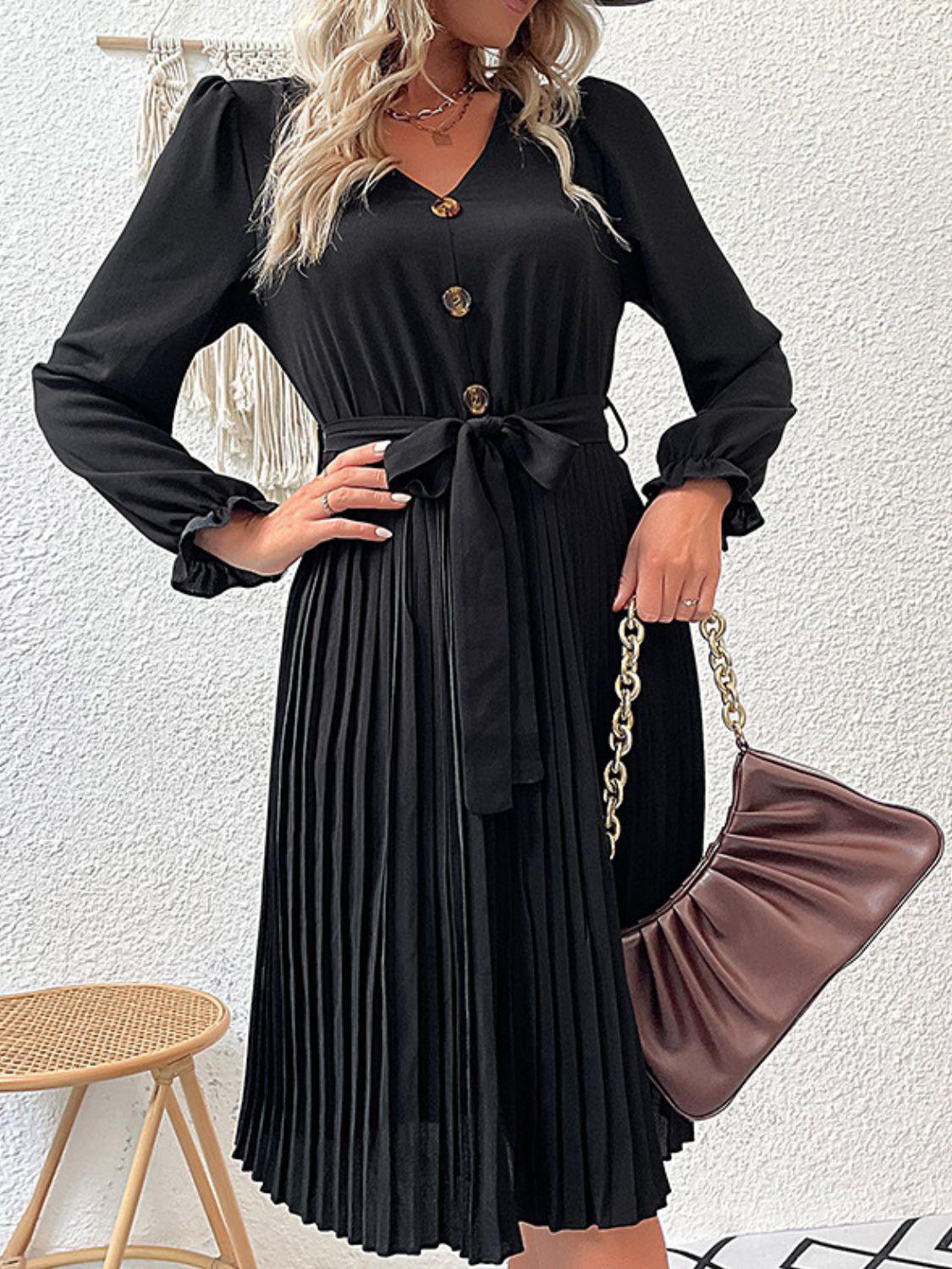 Decorative Button Belted Puff Sleeve Pleated Dress BLUE ZONE PLANET