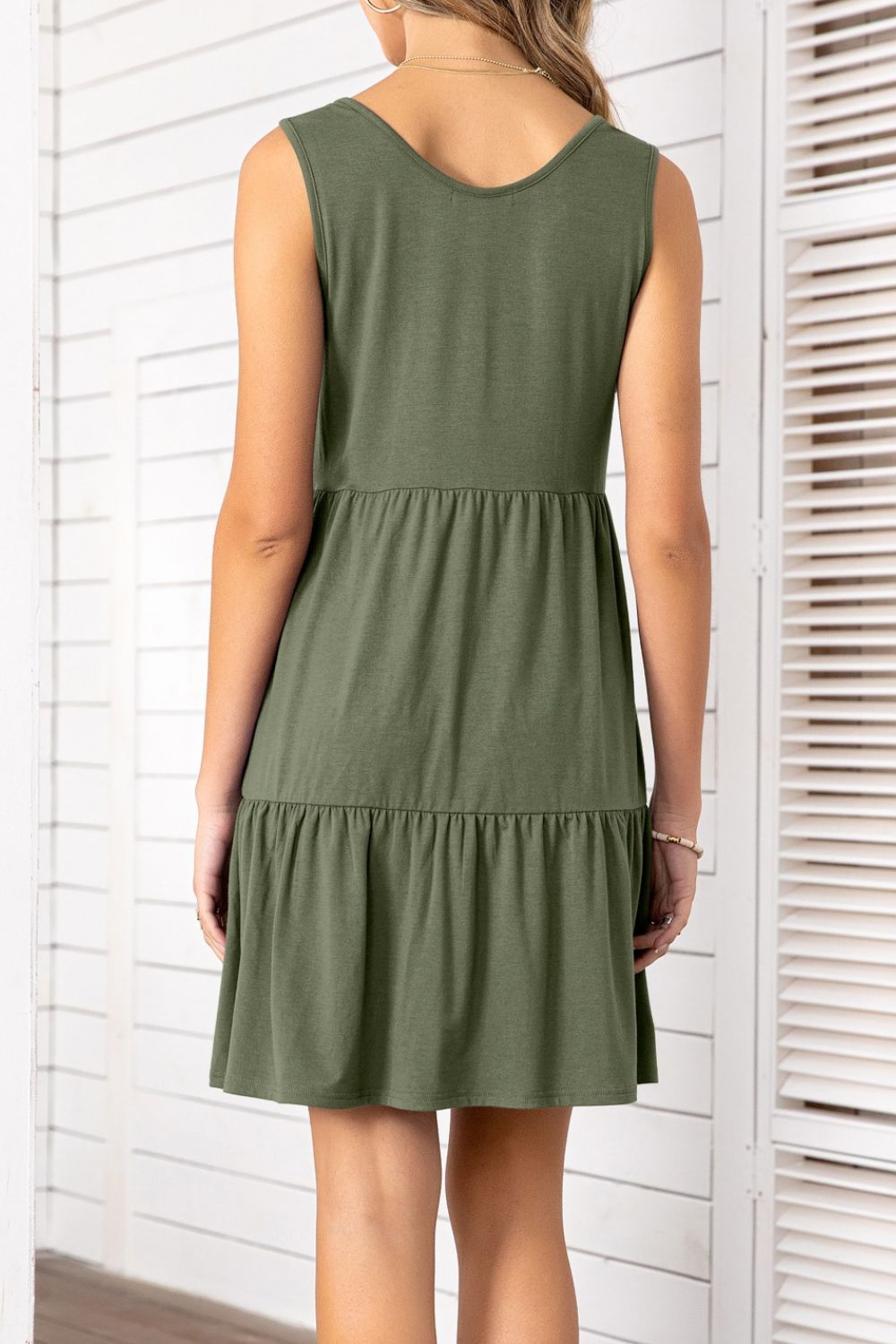 Decorative Button Scoop Neck Sleeveless Tiered Dress BLUE ZONE PLANET