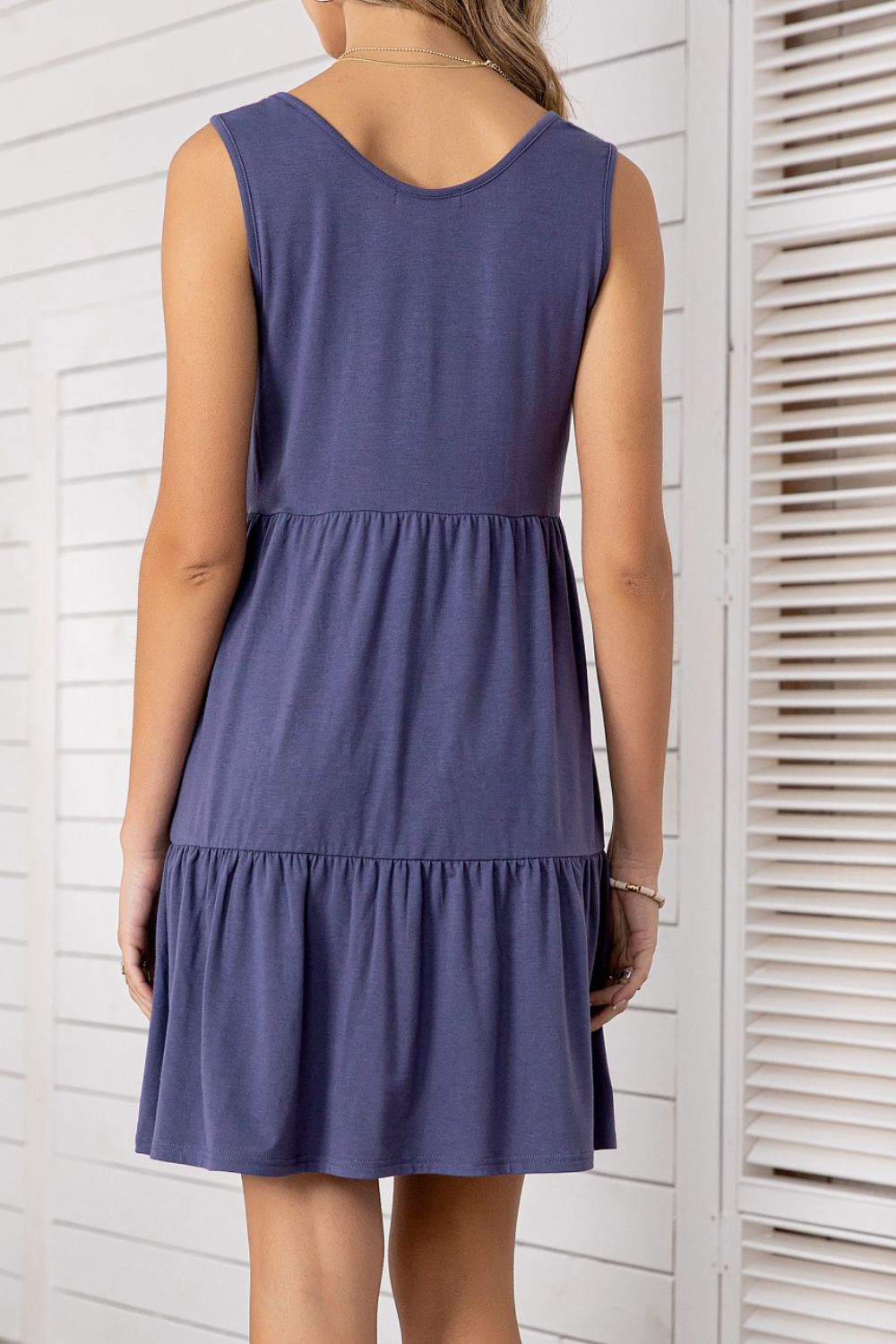 Decorative Button Scoop Neck Sleeveless Tiered Dress BLUE ZONE PLANET