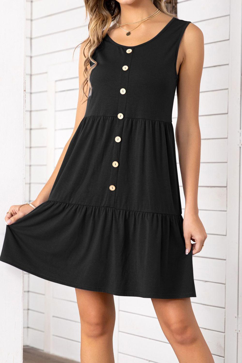 Decorative Button Scoop Neck Sleeveless Tiered Dress BLUE ZONE PLANET