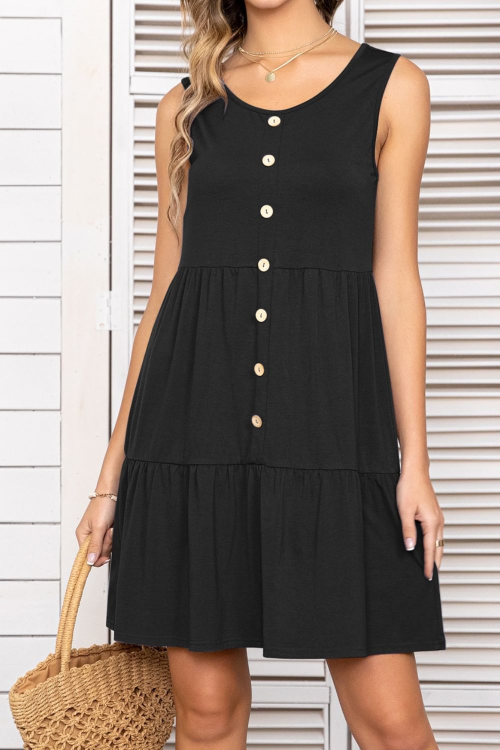 Decorative Button Scoop Neck Sleeveless Tiered Dress BLUE ZONE PLANET