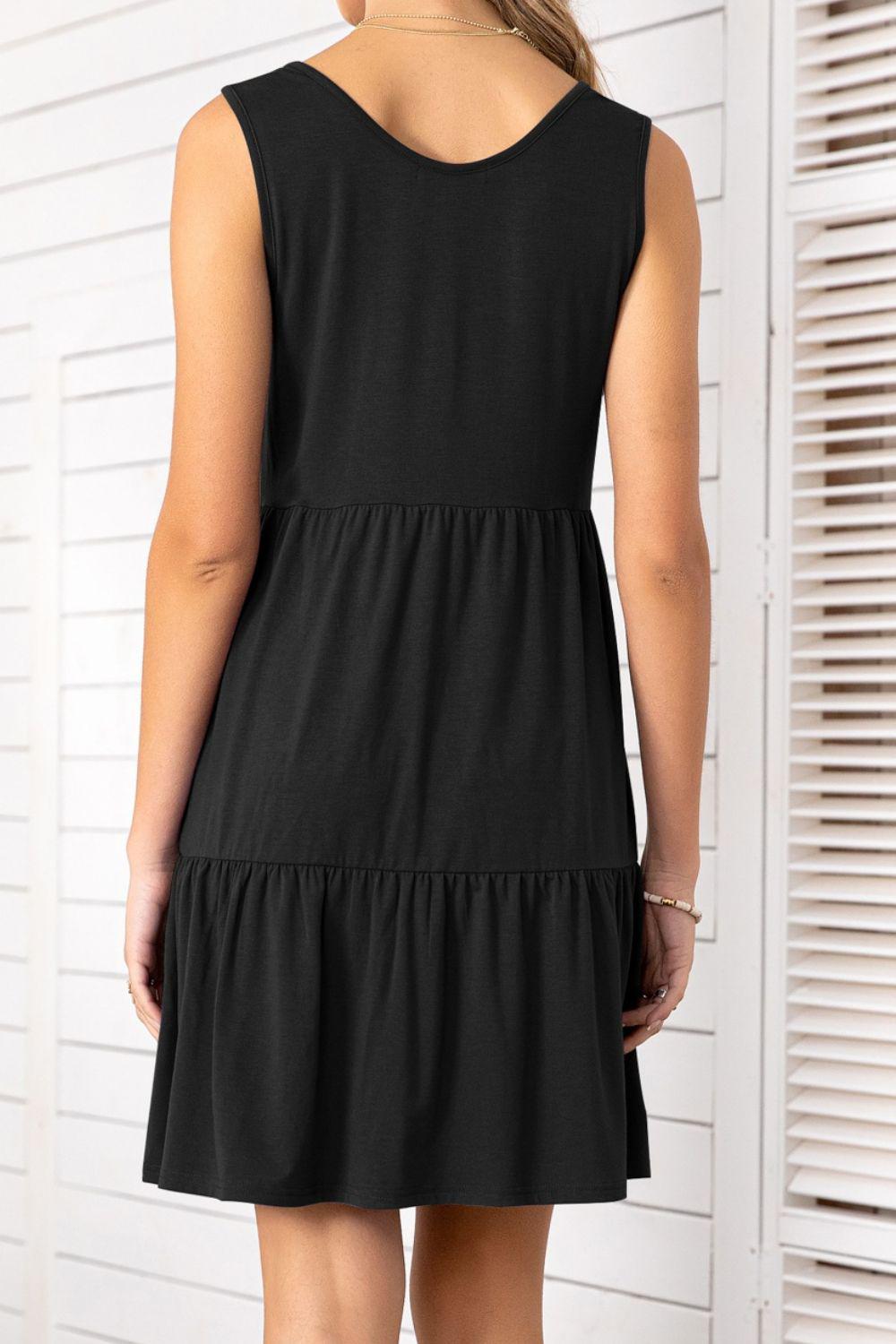 Decorative Button Scoop Neck Sleeveless Tiered Dress BLUE ZONE PLANET
