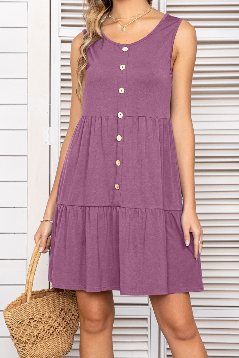 Decorative Button Scoop Neck Sleeveless Tiered Dress BLUE ZONE PLANET