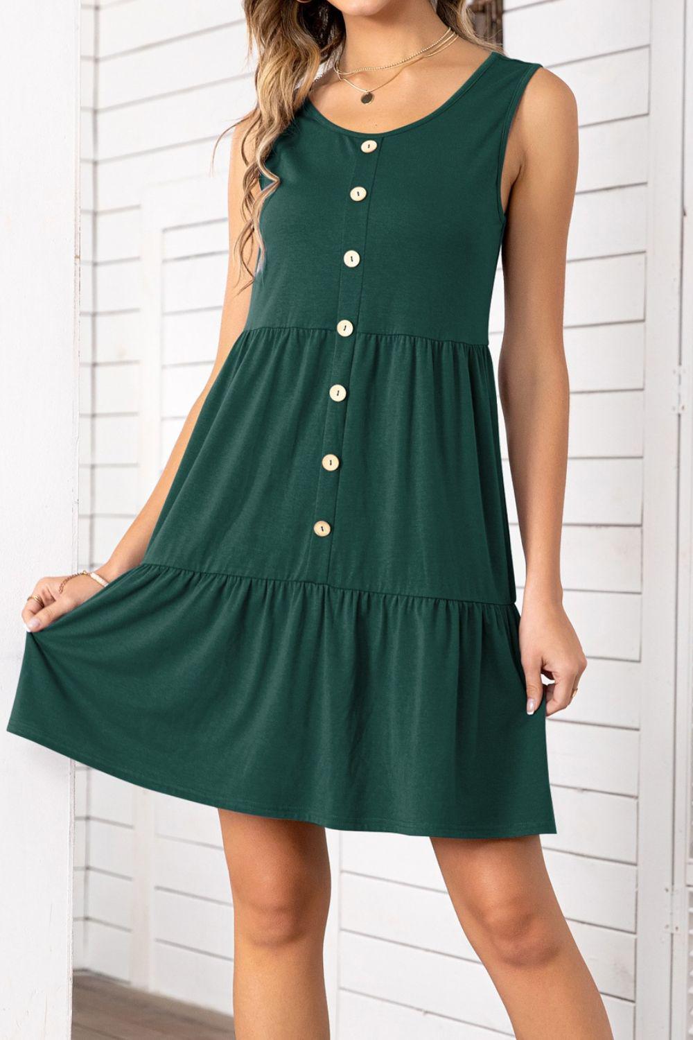 Decorative Button Scoop Neck Sleeveless Tiered Dress BLUE ZONE PLANET