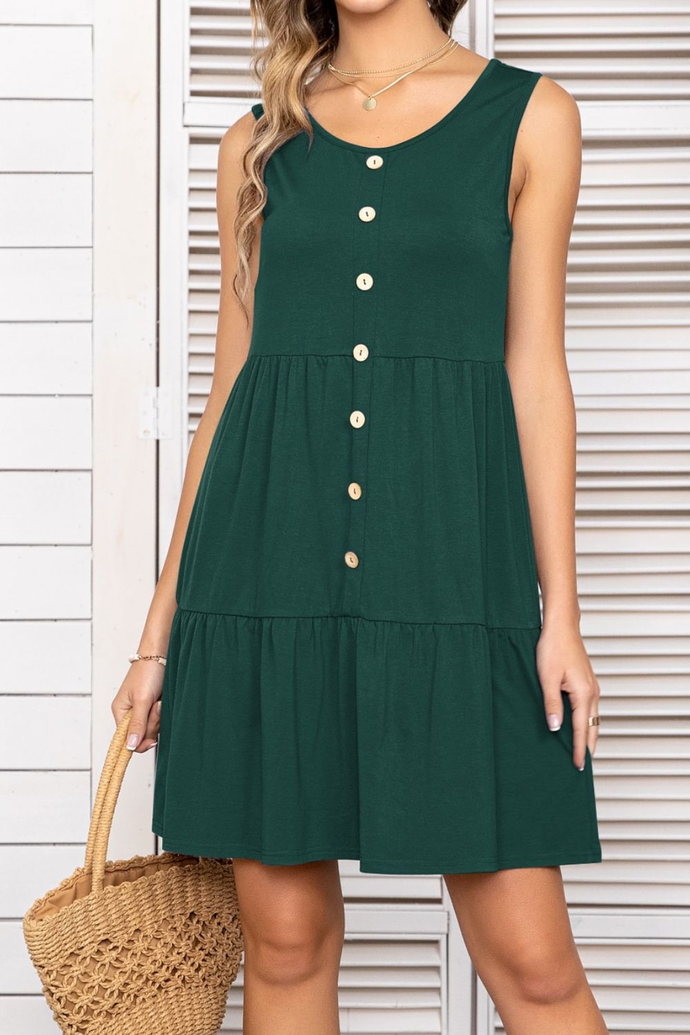 Decorative Button Scoop Neck Sleeveless Tiered Dress BLUE ZONE PLANET