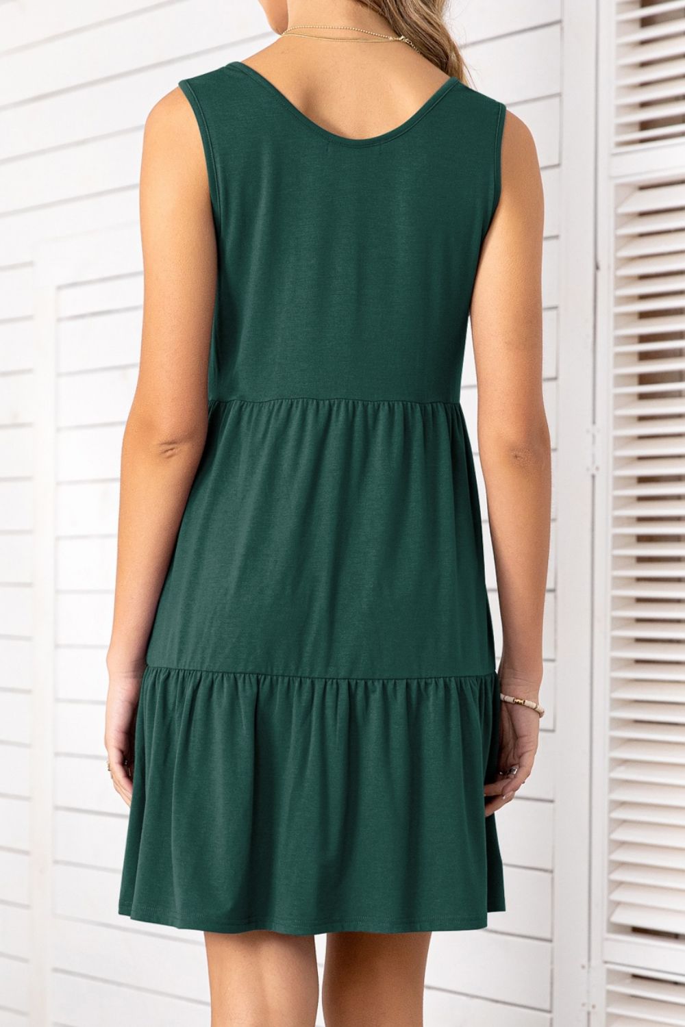 Decorative Button Scoop Neck Sleeveless Tiered Dress BLUE ZONE PLANET