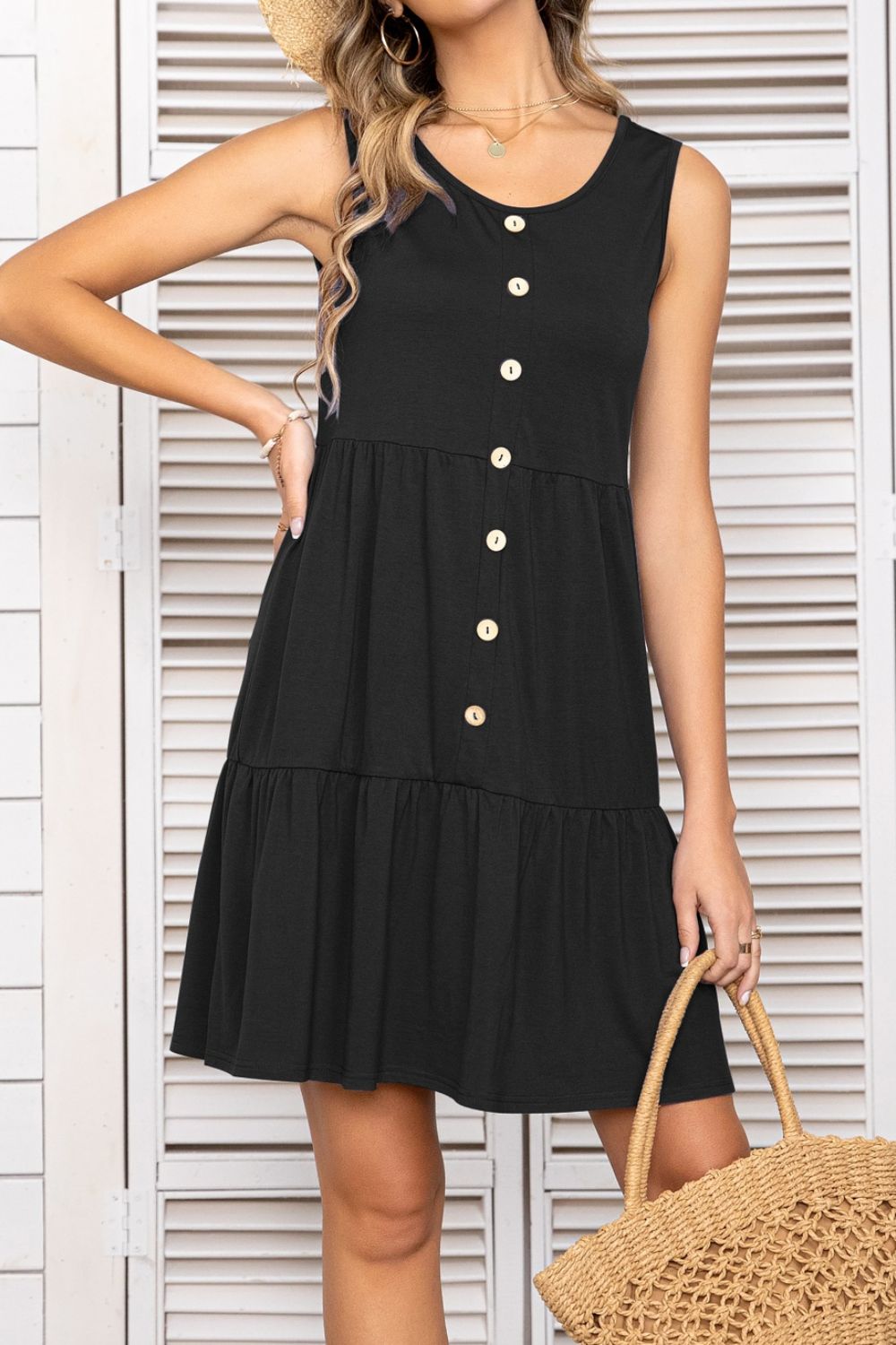 Decorative Button Scoop Neck Sleeveless Tiered Dress BLUE ZONE PLANET