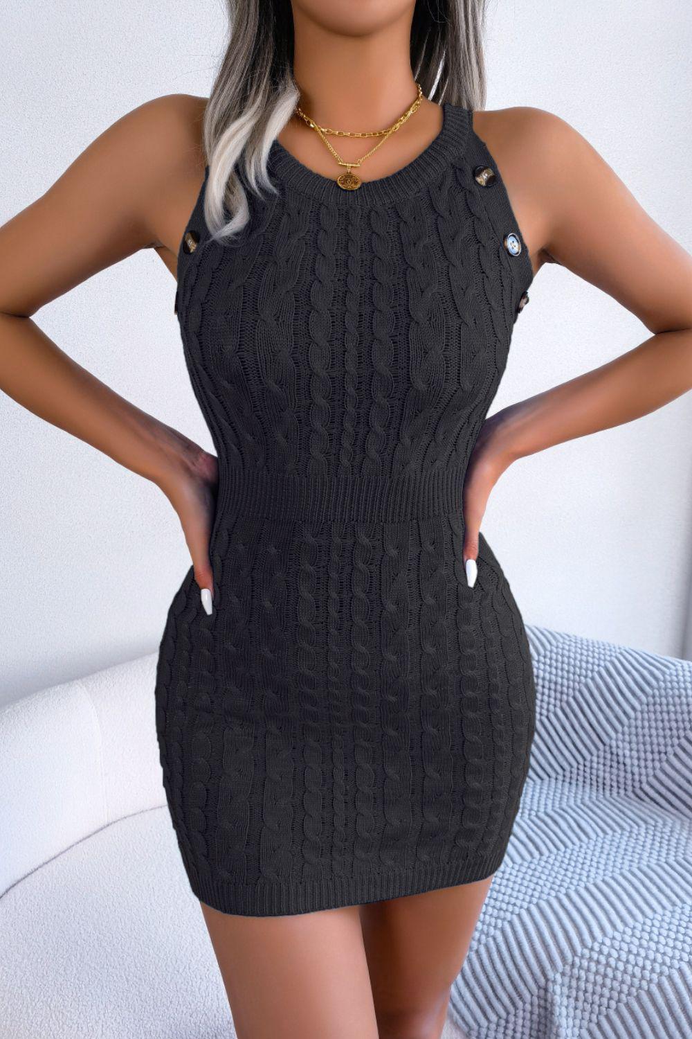 Decorative Button Sleeveless Cable-Knit Dress BLUE ZONE PLANET