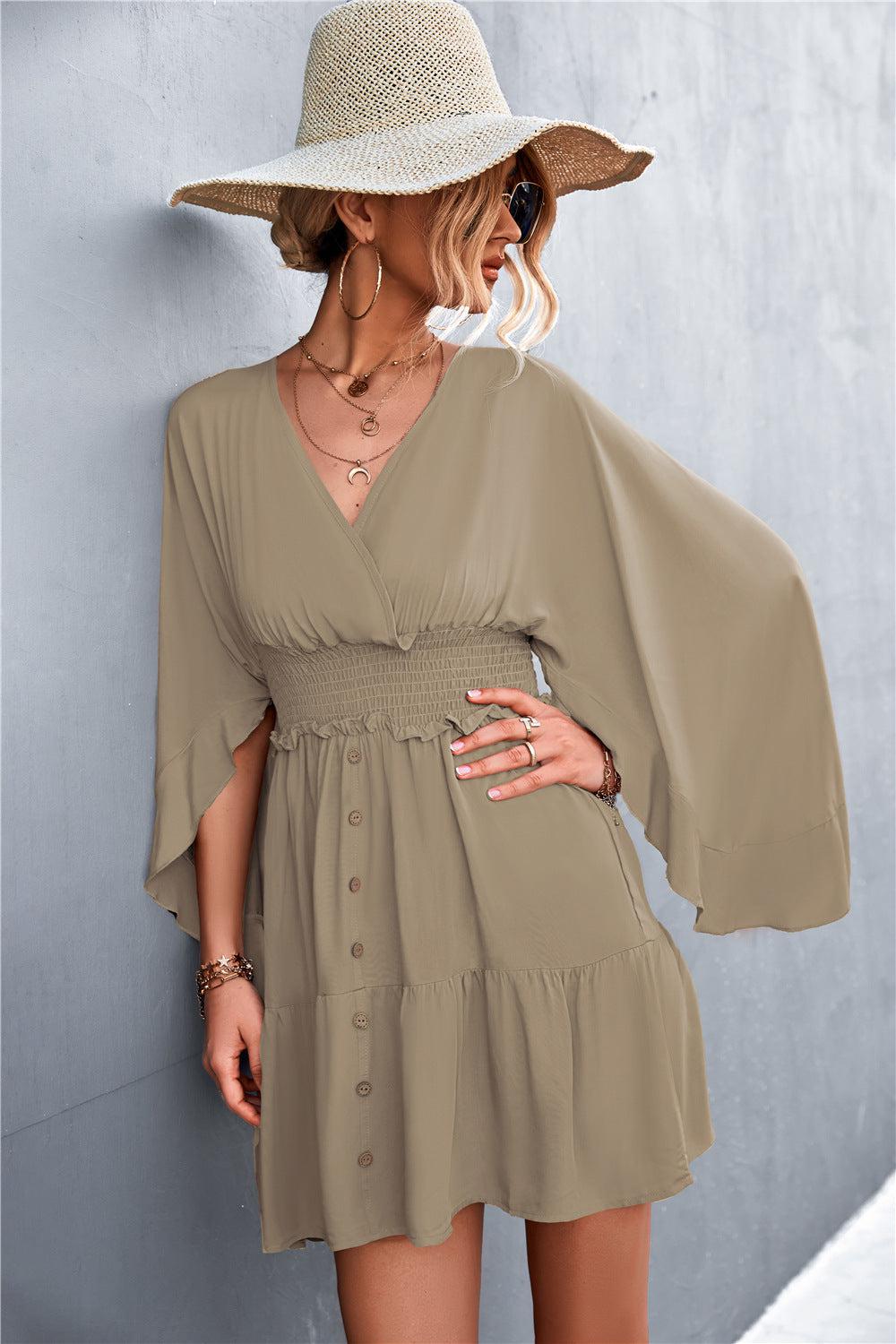 Decorative Button Smocked Waist Surplice Dress BLUE ZONE PLANET