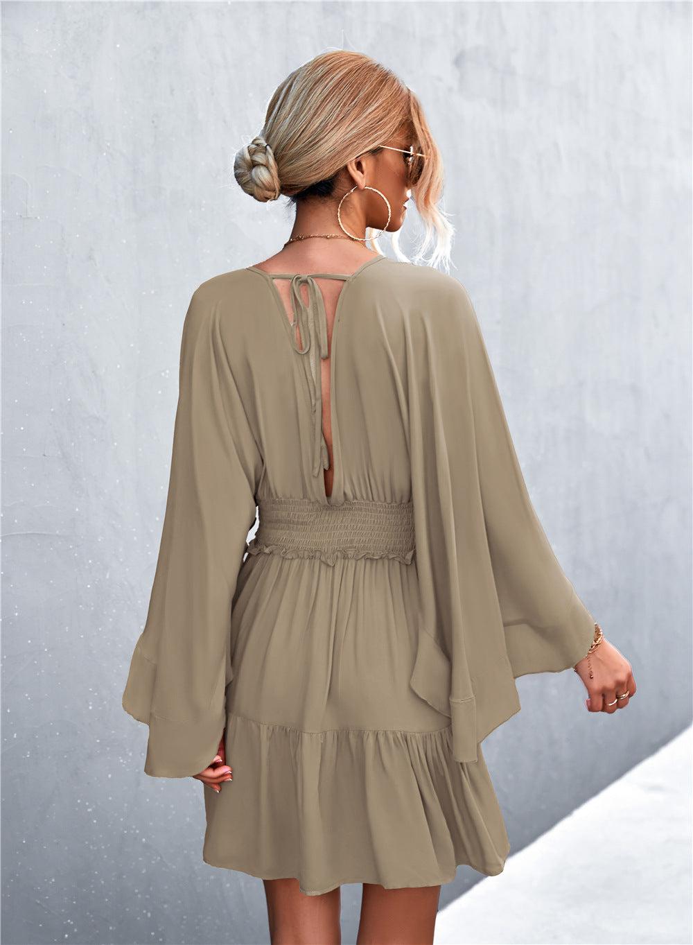 Decorative Button Smocked Waist Surplice Dress BLUE ZONE PLANET