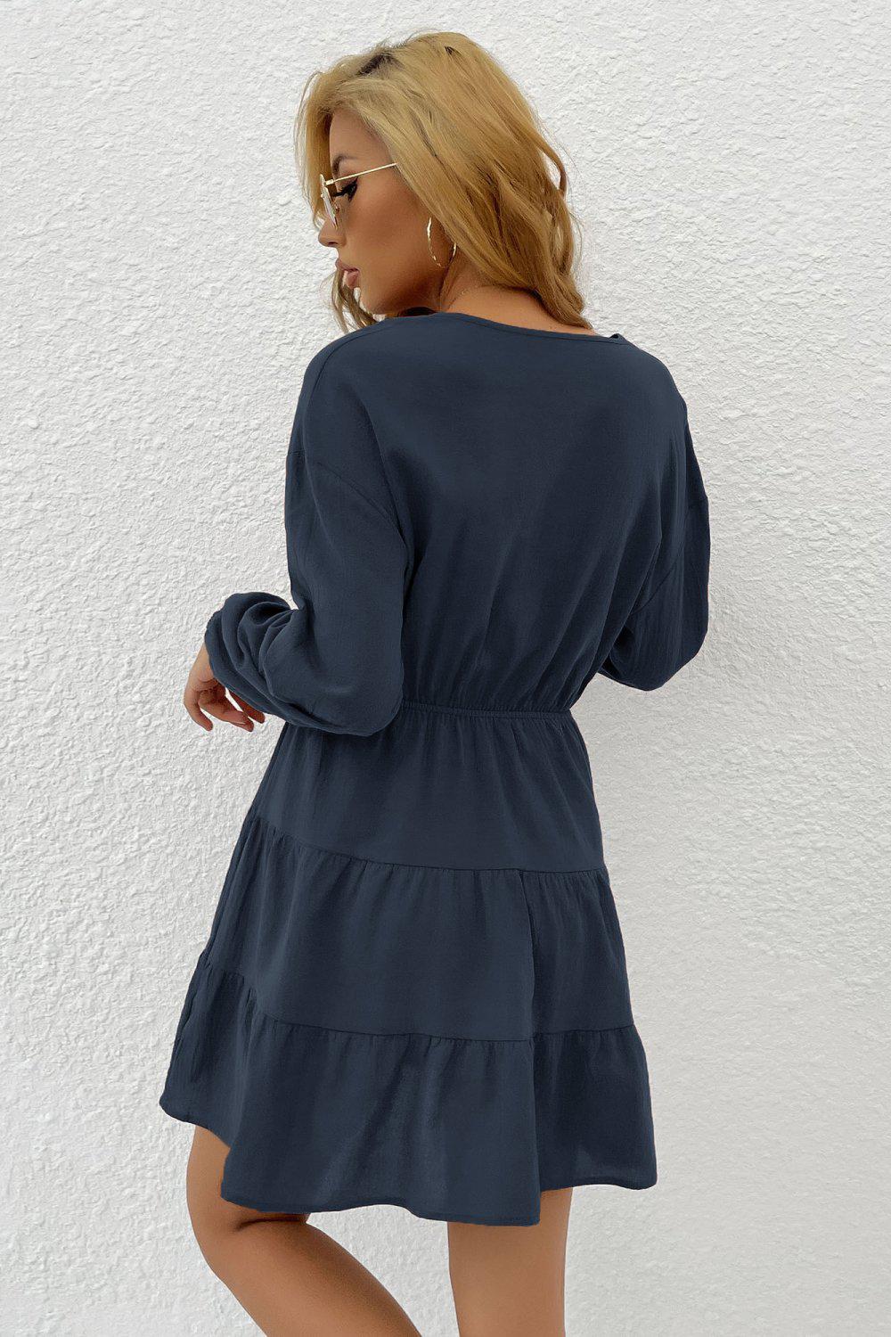 Decorative Button Tie Front Tiered Mini Dress BLUE ZONE PLANET